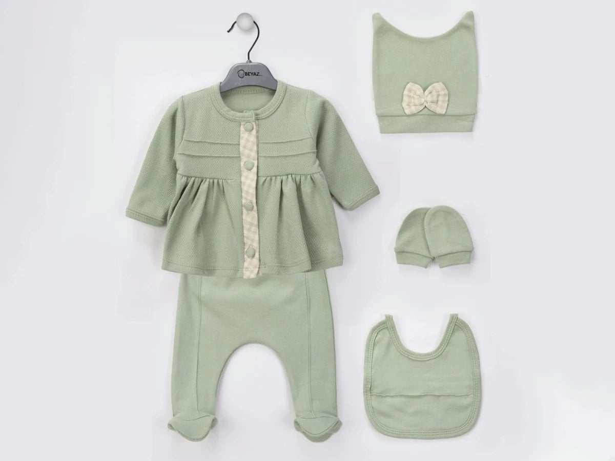 Gingham Trim Button Detail Baby Girl 5-Piece Set in Sage Green - Beyaz Bebek - by Peralane