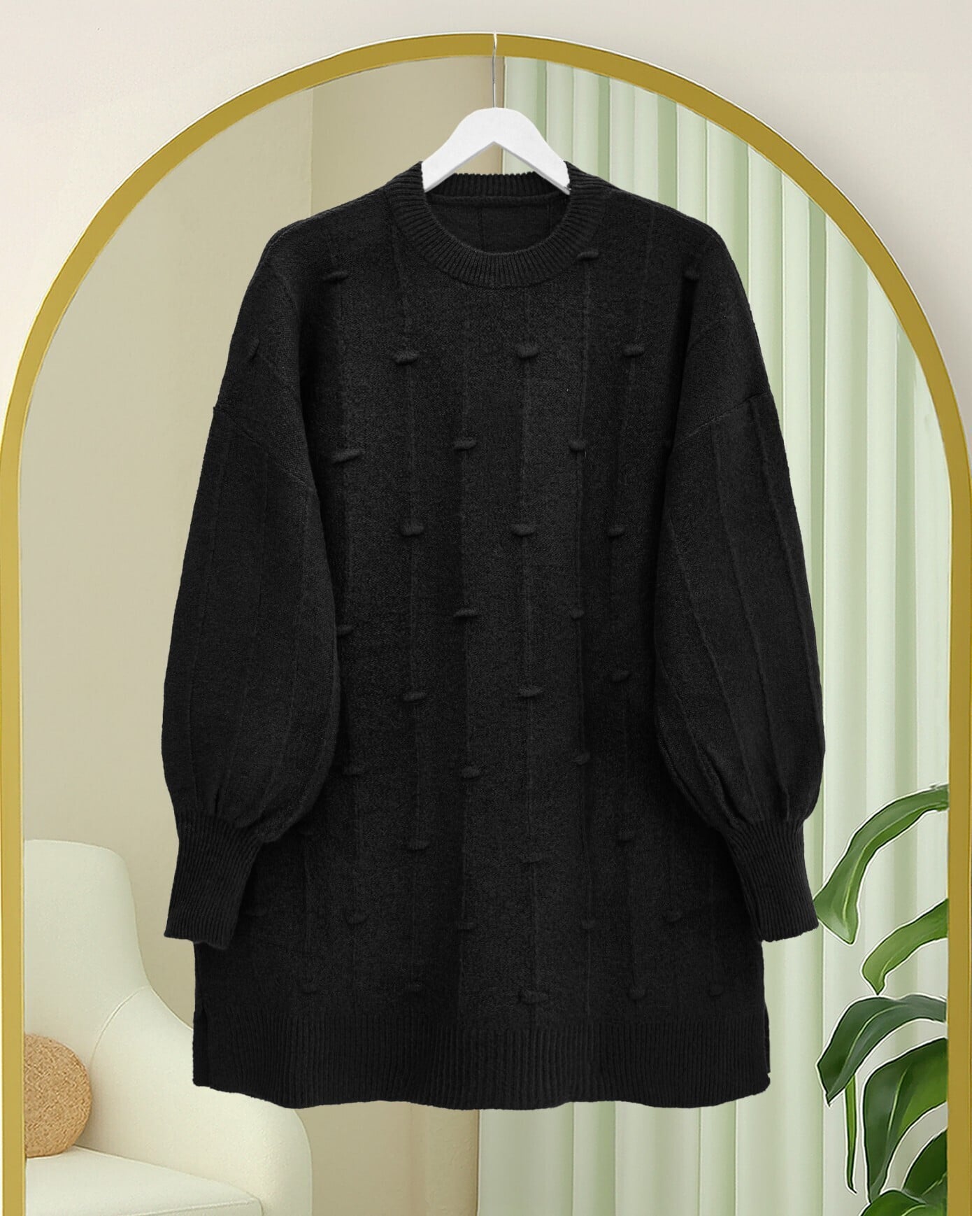 Side Slit Pom-Pom Knit Sweater - Black - Podyumplus - by Peralane - photo 2