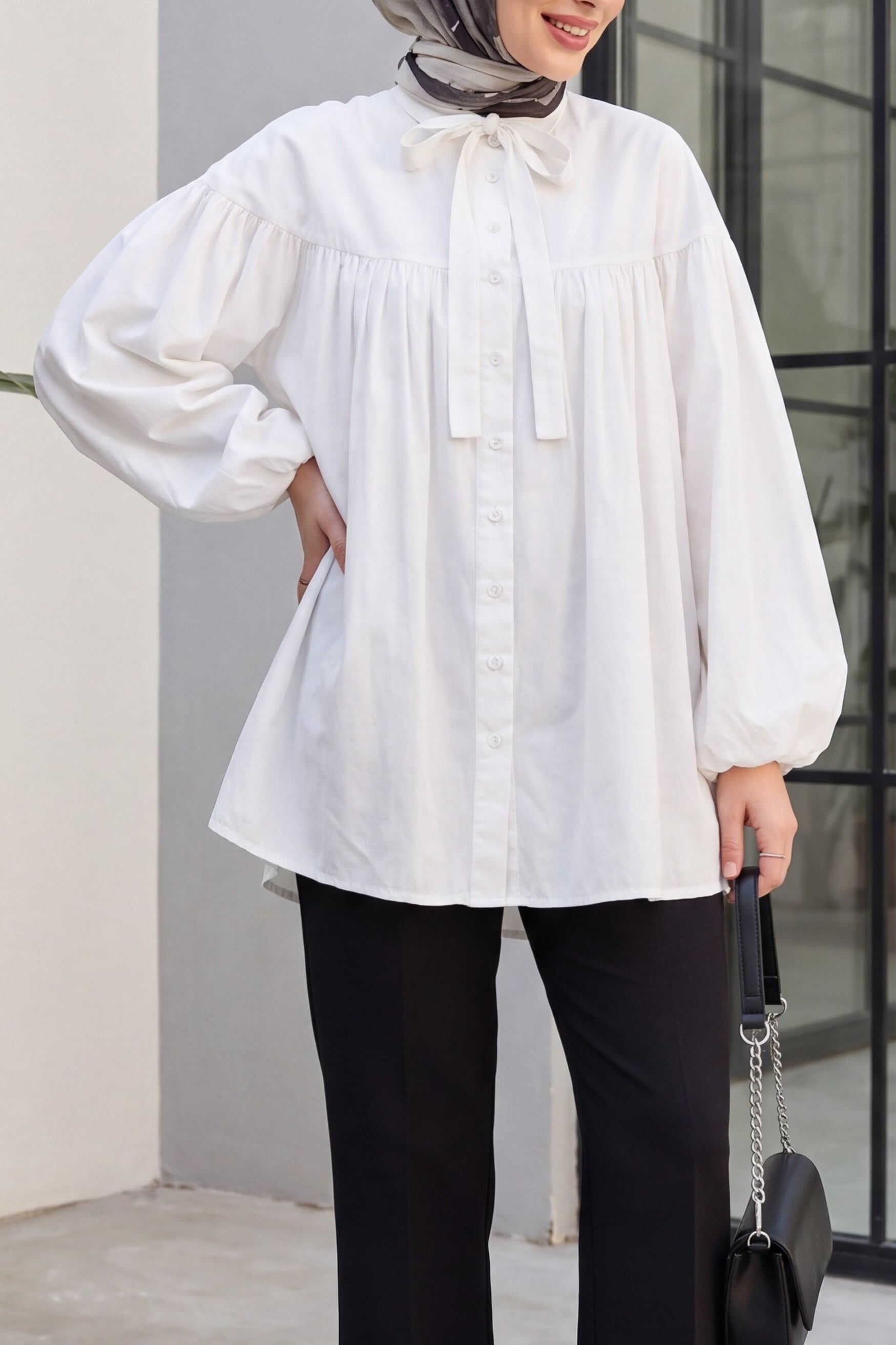 White Lace-Up Button-Front Balloon Sleeve Cupro Tunic - Podyumplus - by Peralane