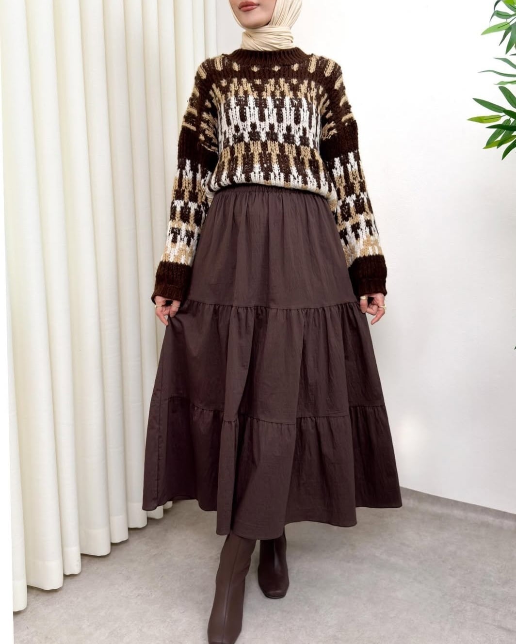 Three-Colour Patterned Thick Knit Sweater - Brown - Podyumplus - by Peralane - photo 5