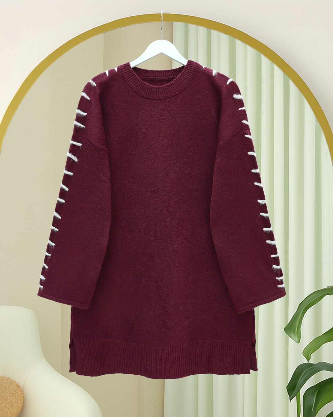 Striped Soft Knit Tunic with Thread Details - Burgundy - Podyumplus - by Peralane - photo 2