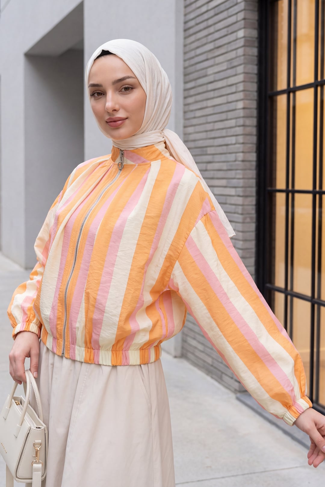 Elasticated Cuff and Hem Zip-Up Patterned Summer Jacket - Orange - Podyumplus - by Peralane - photo 3