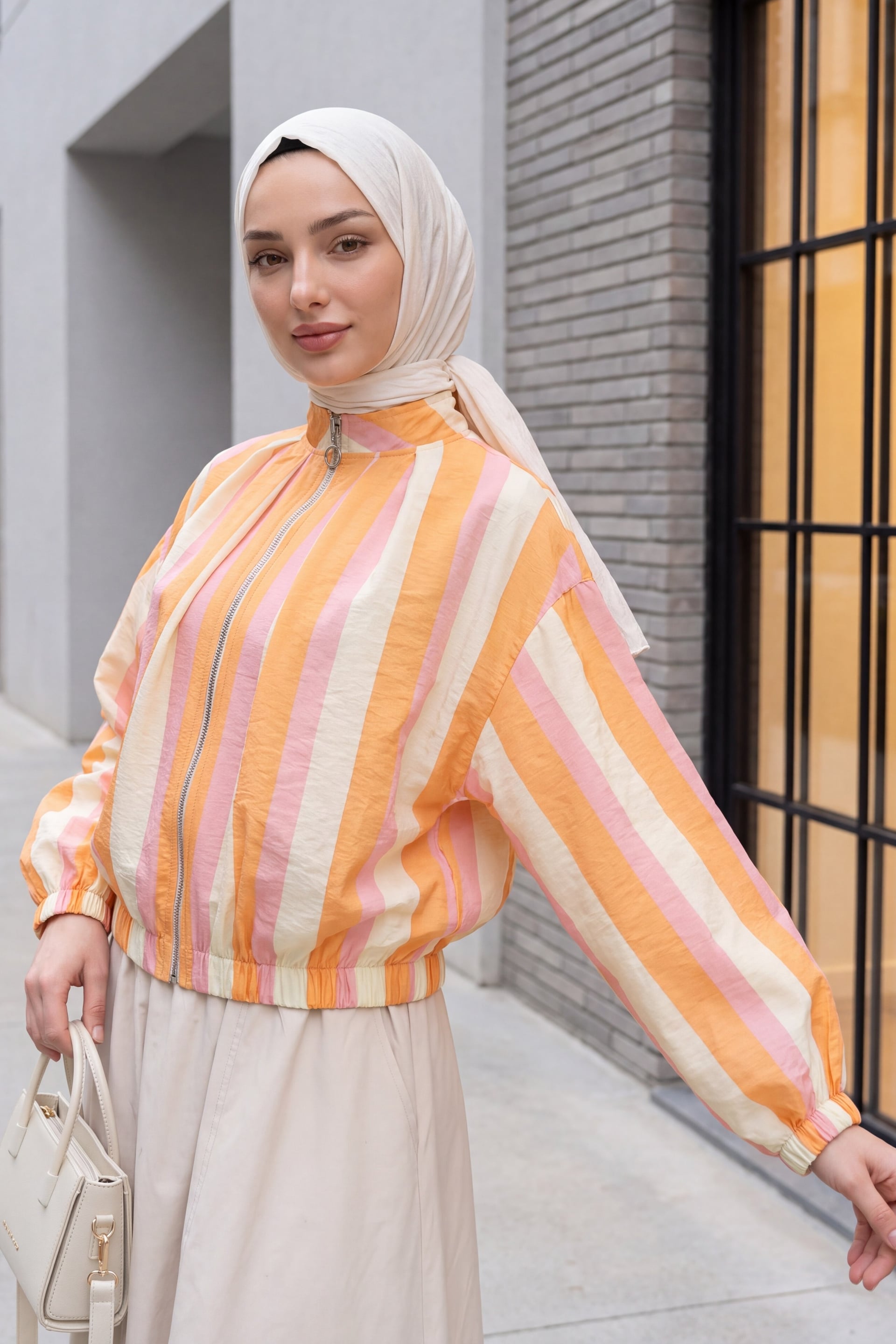 Elasticated Cuff and Hem Zip-Up Patterned Summer Jacket - Orange - Podyumplus - by Peralane - photo 3