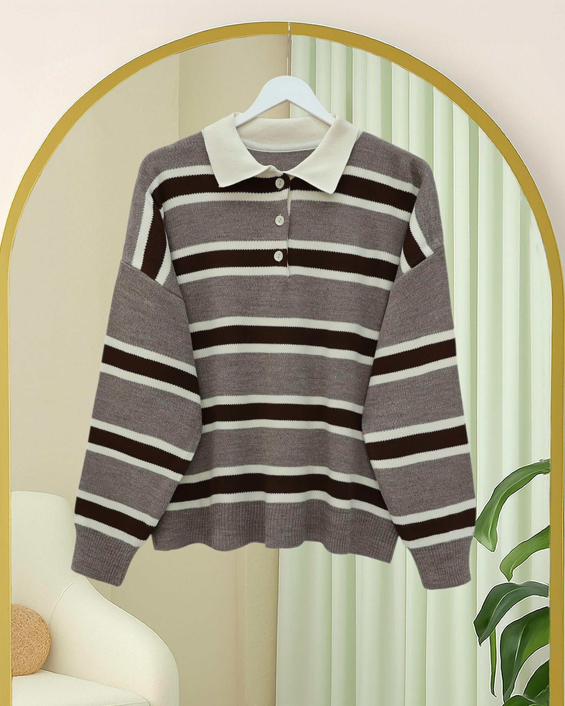Polo Collar Buttoned Colorful Striped Knit Sweater - Earth - Podyumplus - by Peralane - photo 3