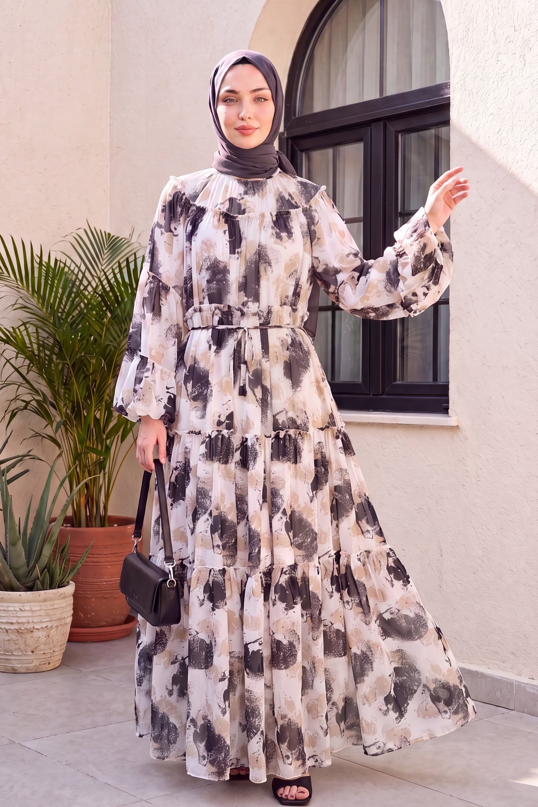 Patterned Lace-Up Lined Chiffon Dress - Black - Podyumplus - by Peralane