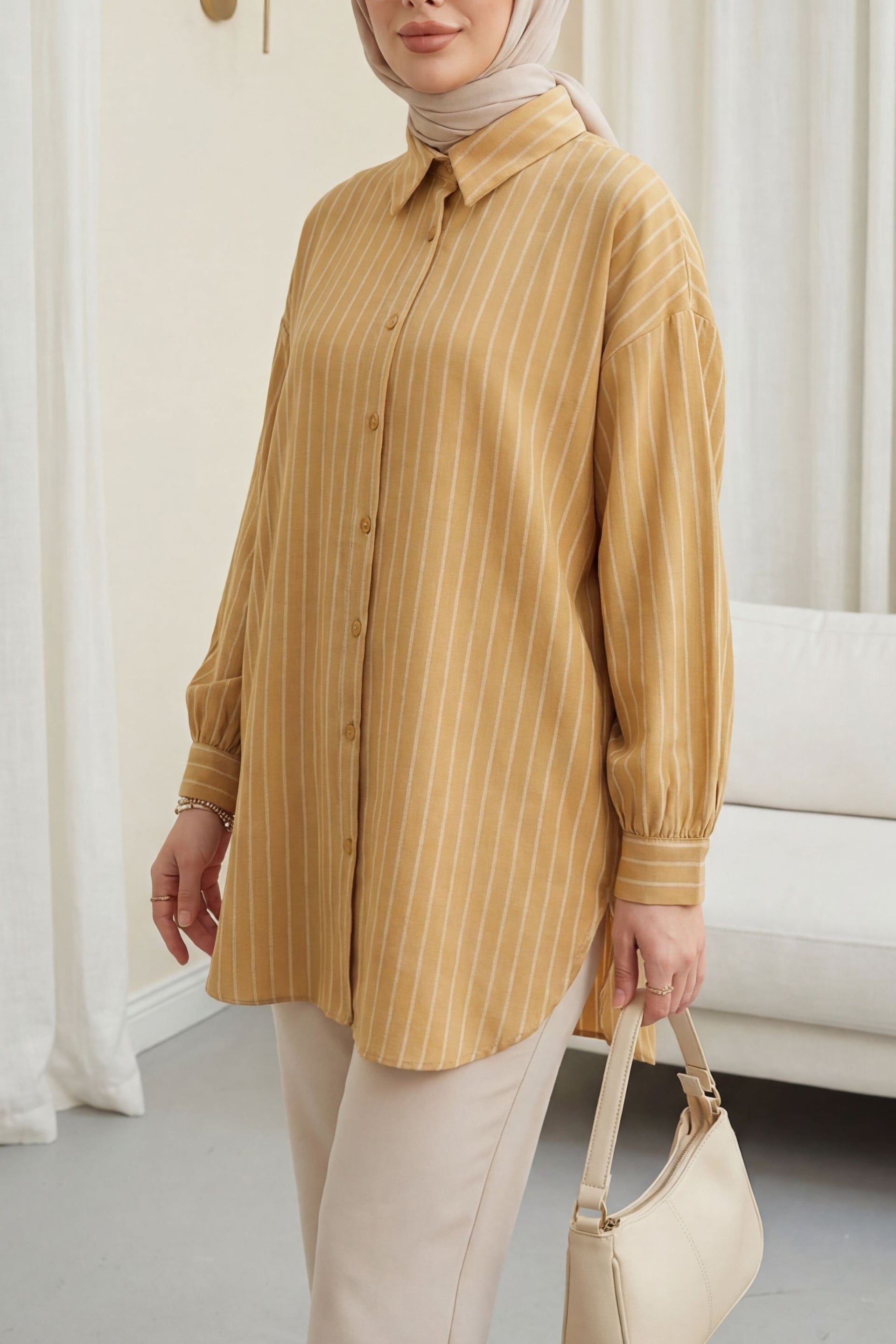 Striped Slit Relaxed Linda Blouse - Mustard - Podyumplus - by Peralane - photo 4