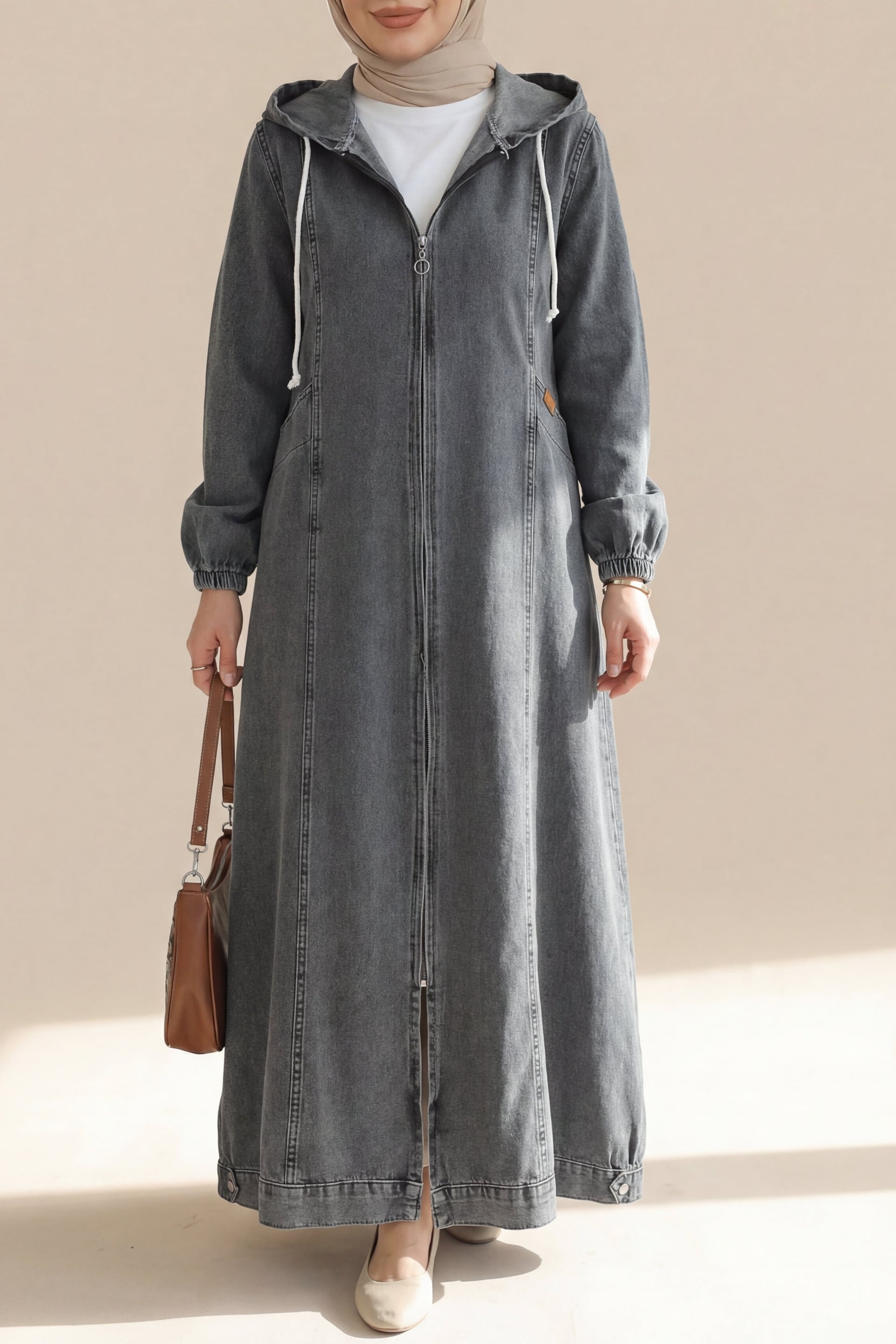 Full Zip Hooded Denim Jacket with Pockets - Charcoal Grey - Podyumplus - by Peralane - photo 2