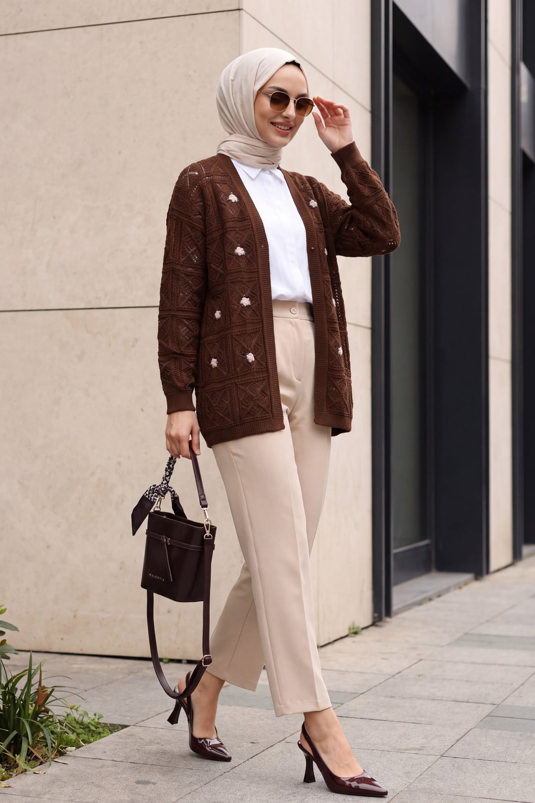 Brown Cable Knit Cardigan with Floral Embroidery - Podyumplus - by Peralane - photo 3