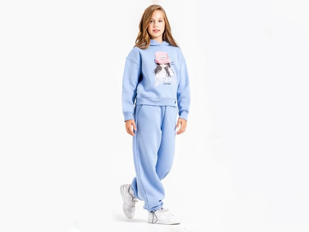 Girls' Printed Brushed 3-Thread Two-Piece Set - Light Blue - ÖZ Bebe - by Peralane