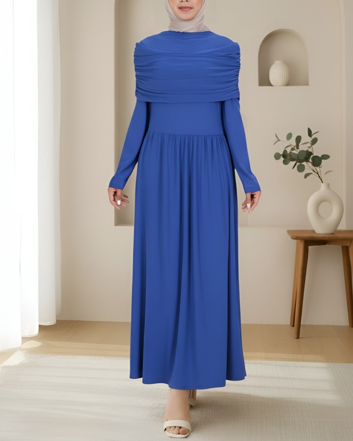 Pleated Long Royal Blue Dress with Ruched Overlay - Podyumplus - by Peralane - photo 4