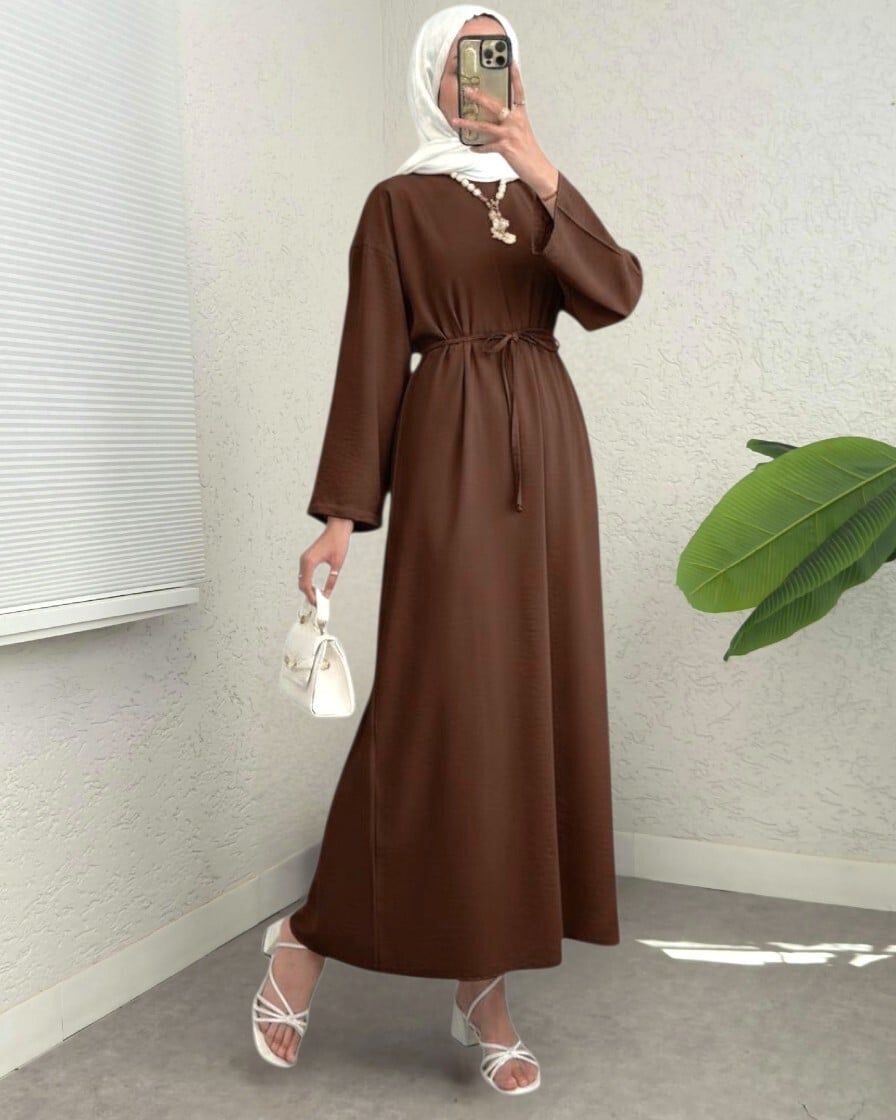 Brown Tie-Waist Long-Sleeve Linen Look Dress with Back Zipper - Podyumplus - by Peralane - photo 3