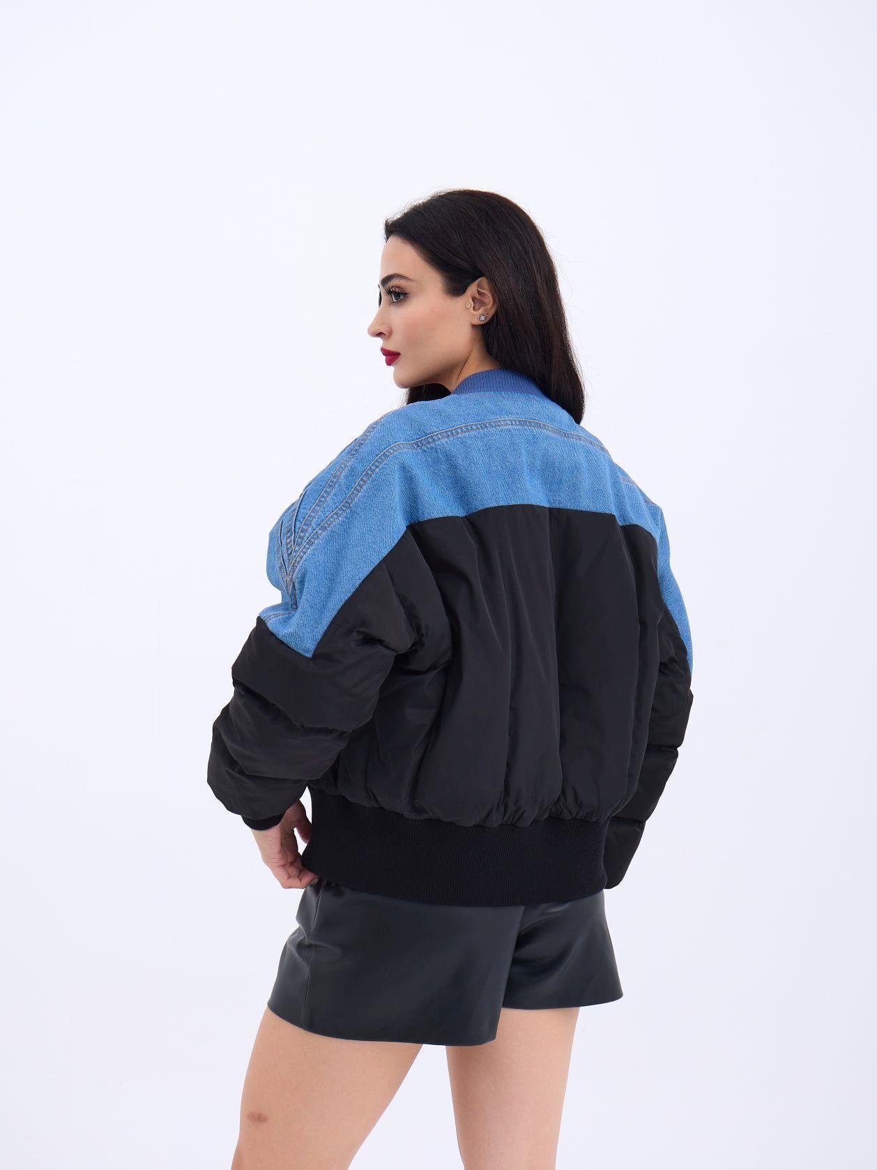 Black Puffer Bomber Jacket with Denim Shoulders - Fame - by Peralane - photo 2