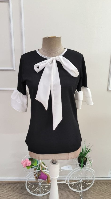 Women's Short Sleeve Bow Neck Trim Crepe Blouse - Janes - by Peralane - photo 4