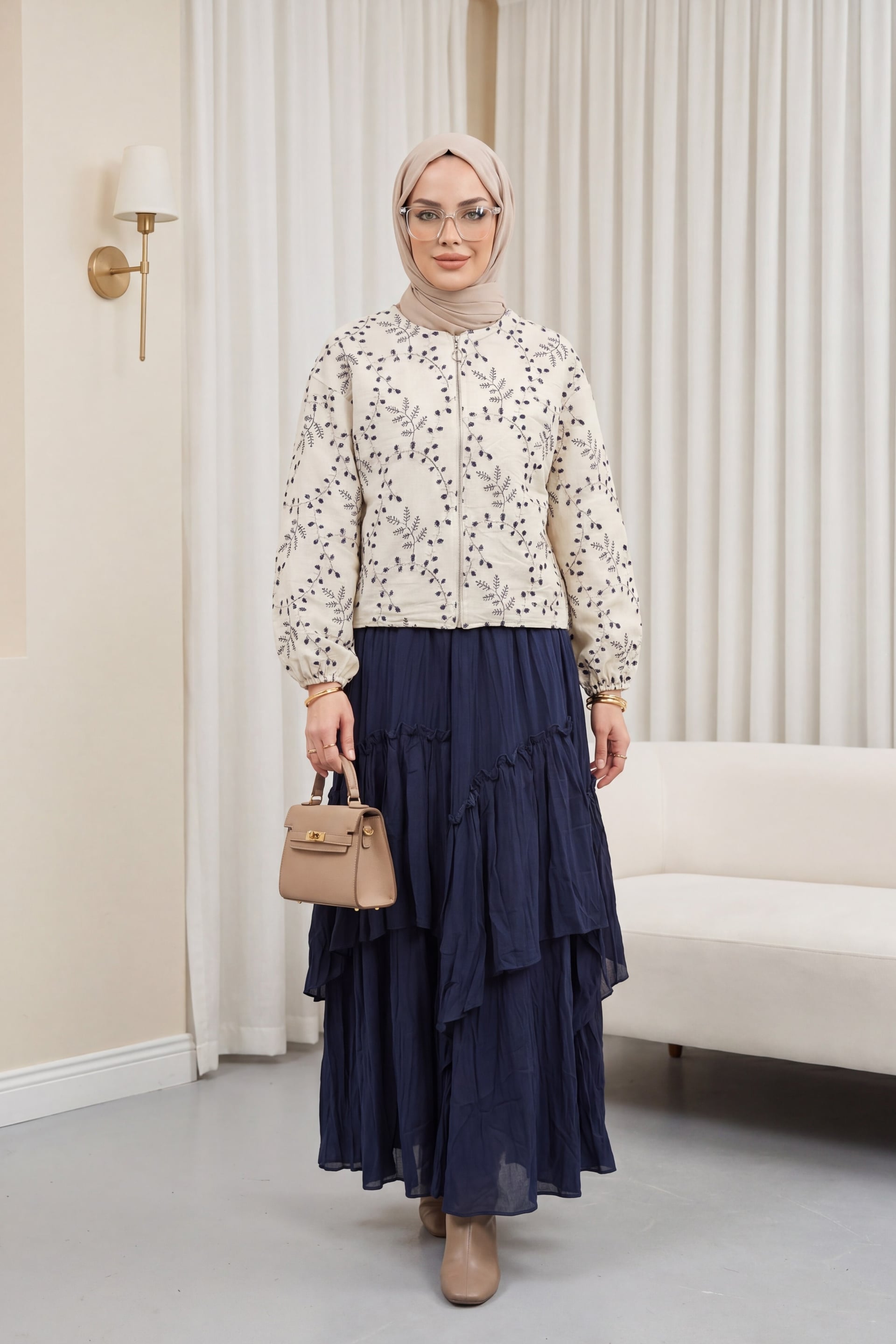 Round Neck Zip Embroidered Pocket Linen Look Jacket - Stone - Podyumplus - by Peralane - photo 2