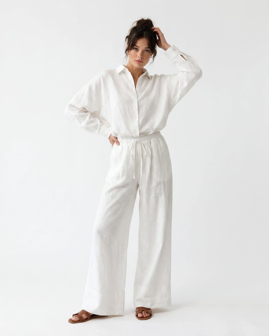 Women's Linen Shirt and Wide-Leg Trousers Set in Ecru - Fame - by Peralane
