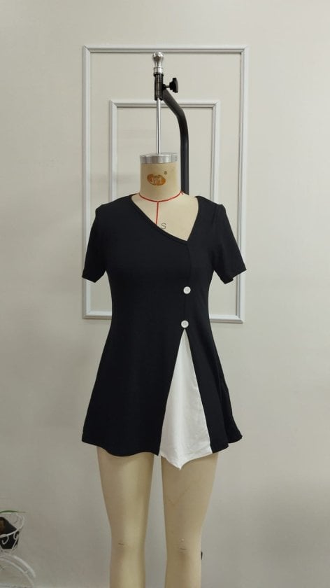 Women's Short Sleeve Asymmetric V-Neck Button Detail Viscose Blouse - Janes - by Peralane - photo 4