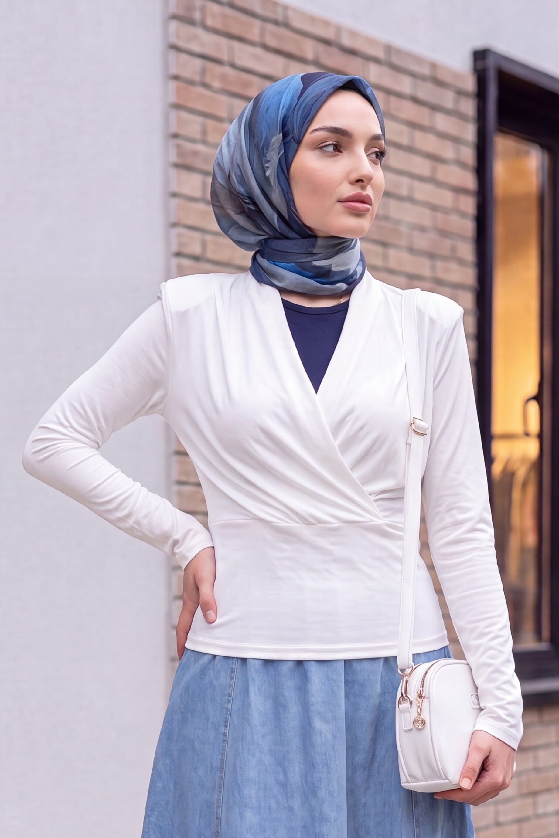 White Wrap-Style Padded Shoulder Blouse with Draped Details - Podyumplus - by Peralane - photo 2