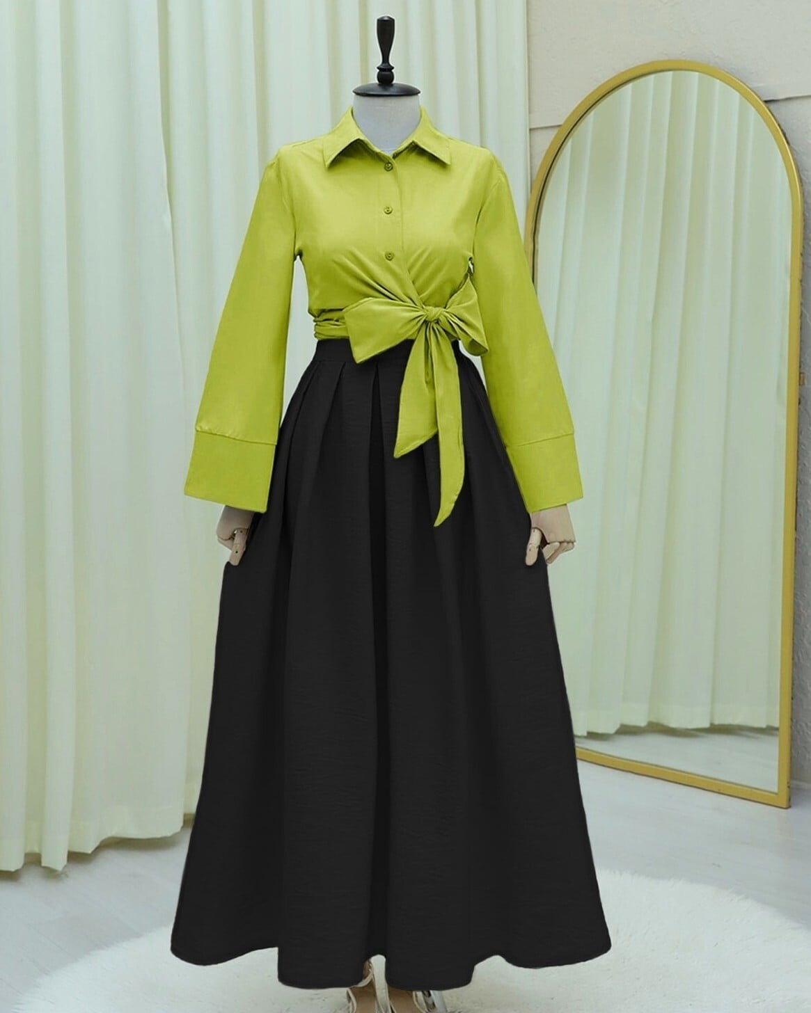 Lime Green Spanish Sleeve Side-Tie Button-Up Blouse - Podyumplus - by Peralane - photo 7