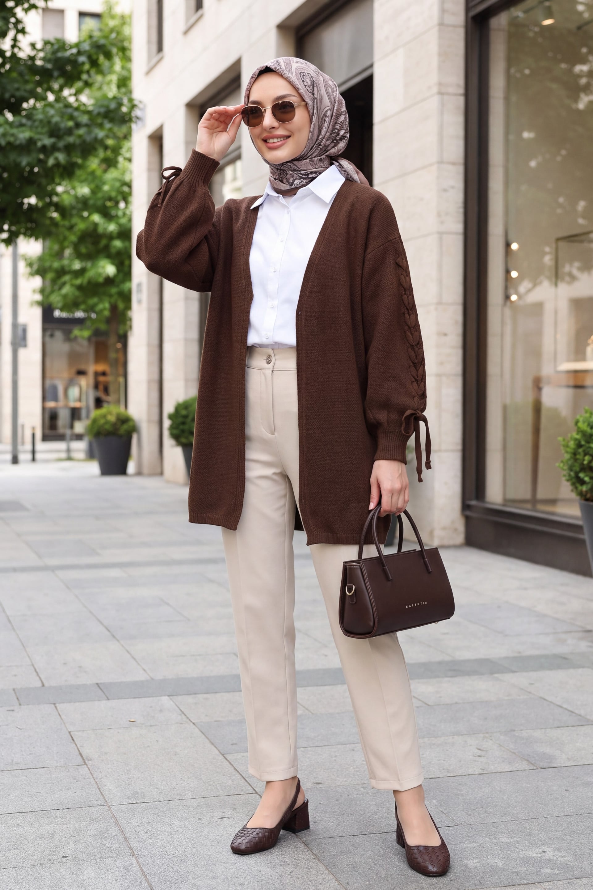 Braided Sleeve Relaxed Knit Cardigan - Brown - Podyumplus - by Peralane - photo 4
