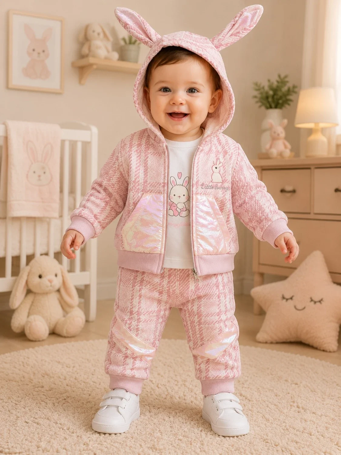 Baby Girls' 3-Piece Hooded Jacket, Trousers, and T-Shirt Set - Pink Plaid - Has Bereket - by Peralane