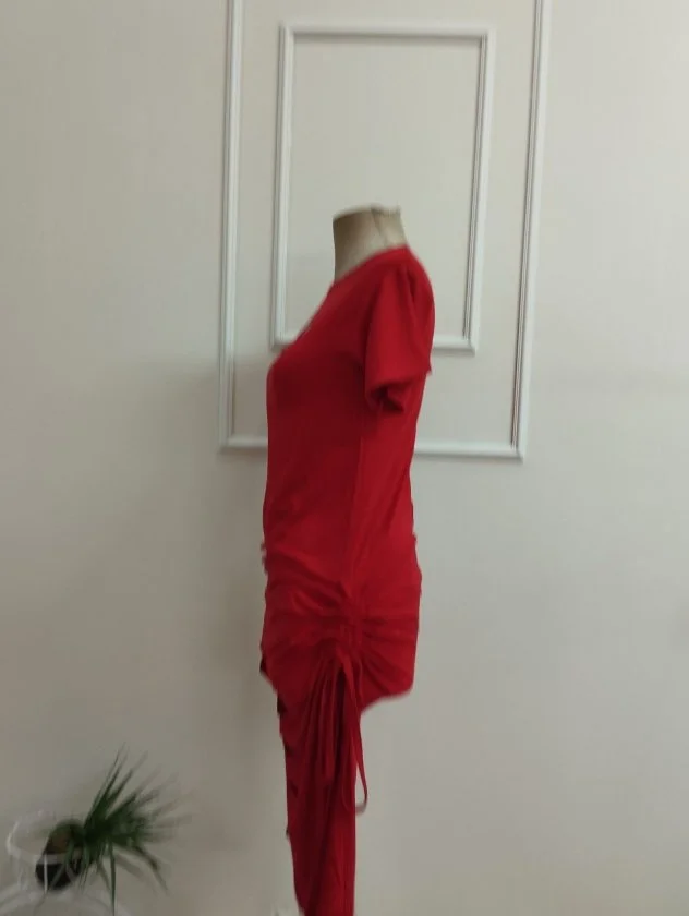 Women's Red Short-Sleeve Midi Dress with Laser Cut and Ruched Slit Detail - Janes - by Peralane - photo 6