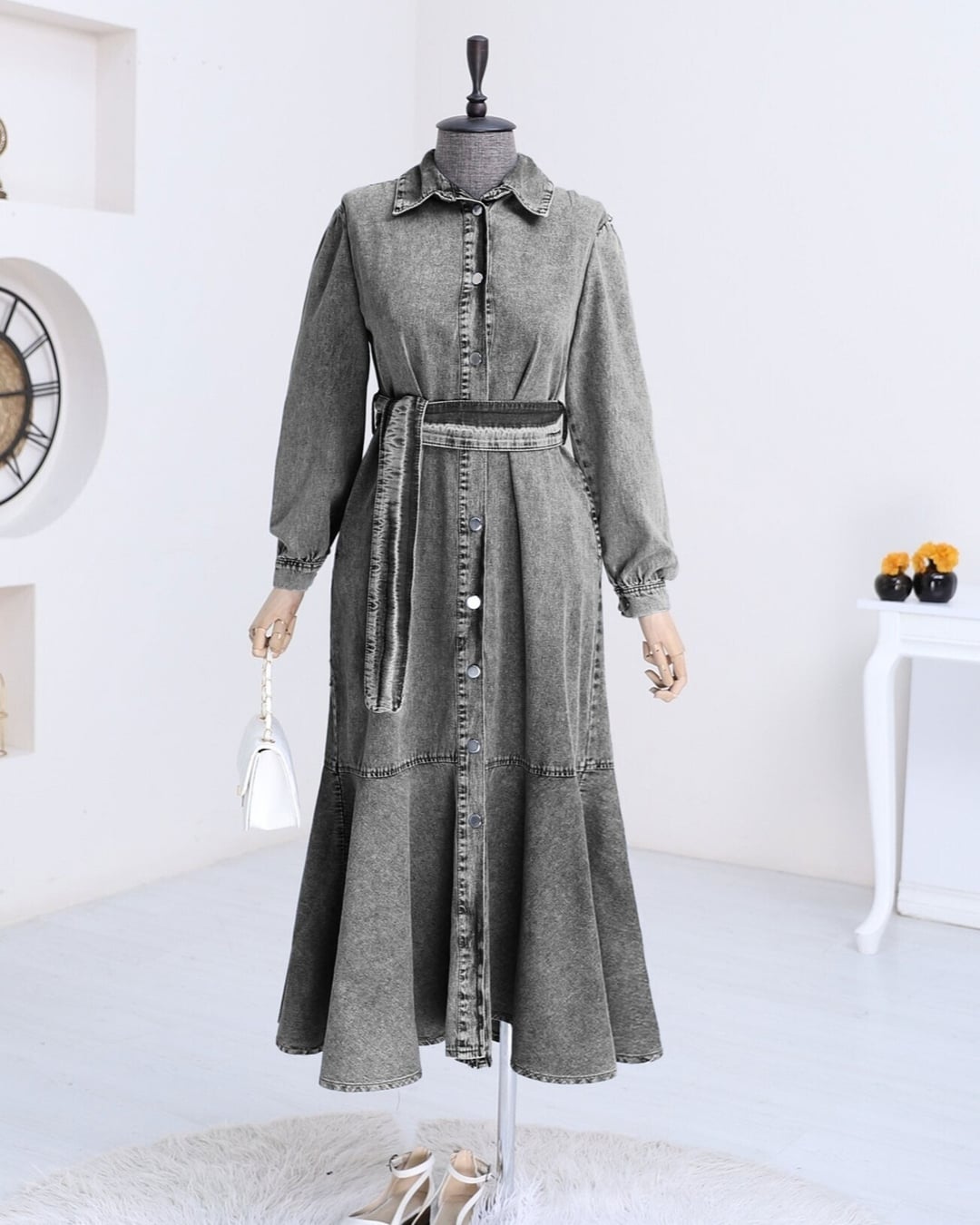 Button-Front Denim Dress with Ruffled Hem - Grey - Podyumplus - by Peralane - photo 3