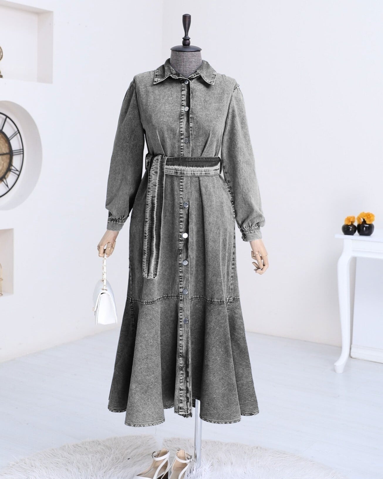Button-Front Denim Dress with Ruffled Hem - Grey - Podyumplus - by Peralane - photo 3