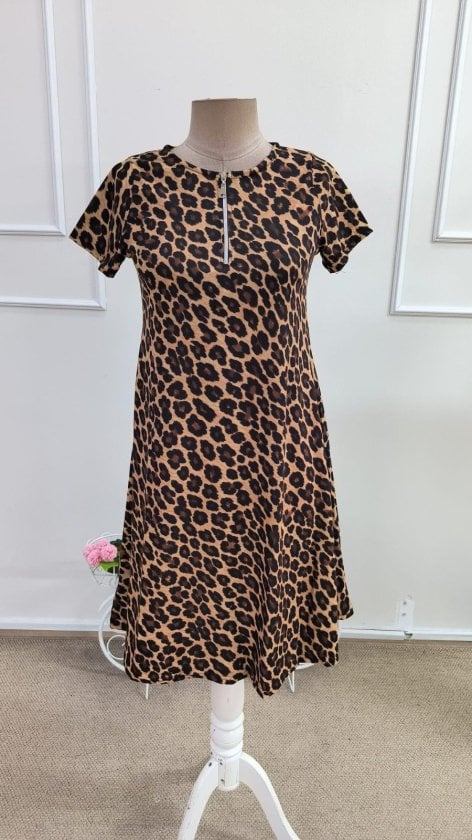 Women's Short-Sleeve Leopard Print Midi Dress with Zipper Neckline - Janes - by Peralane - photo 4
