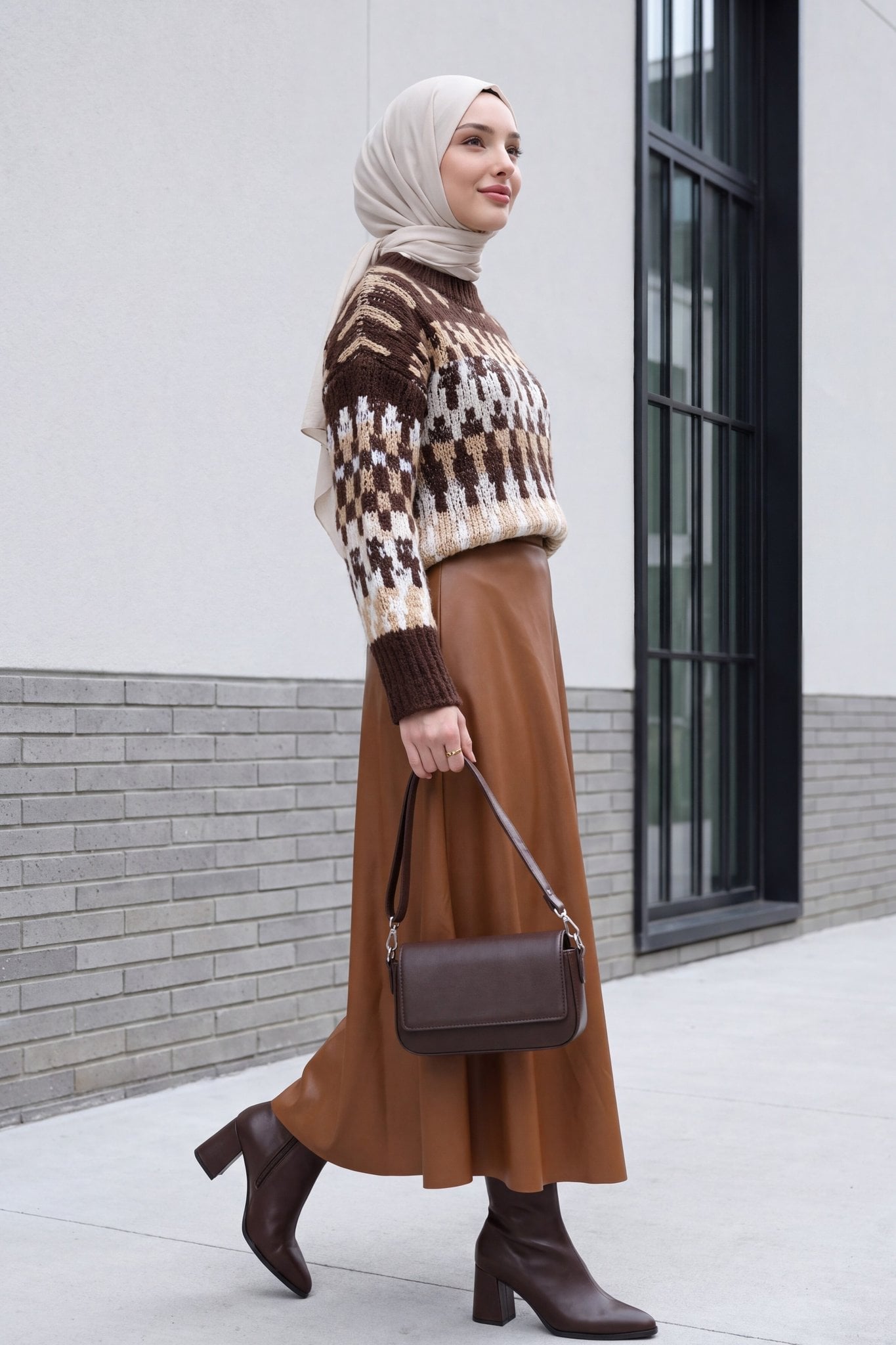 Faux Leather A-Line Midi Skirt with Elastic Waist - Tan - Podyumplus - by Peralane - photo 4