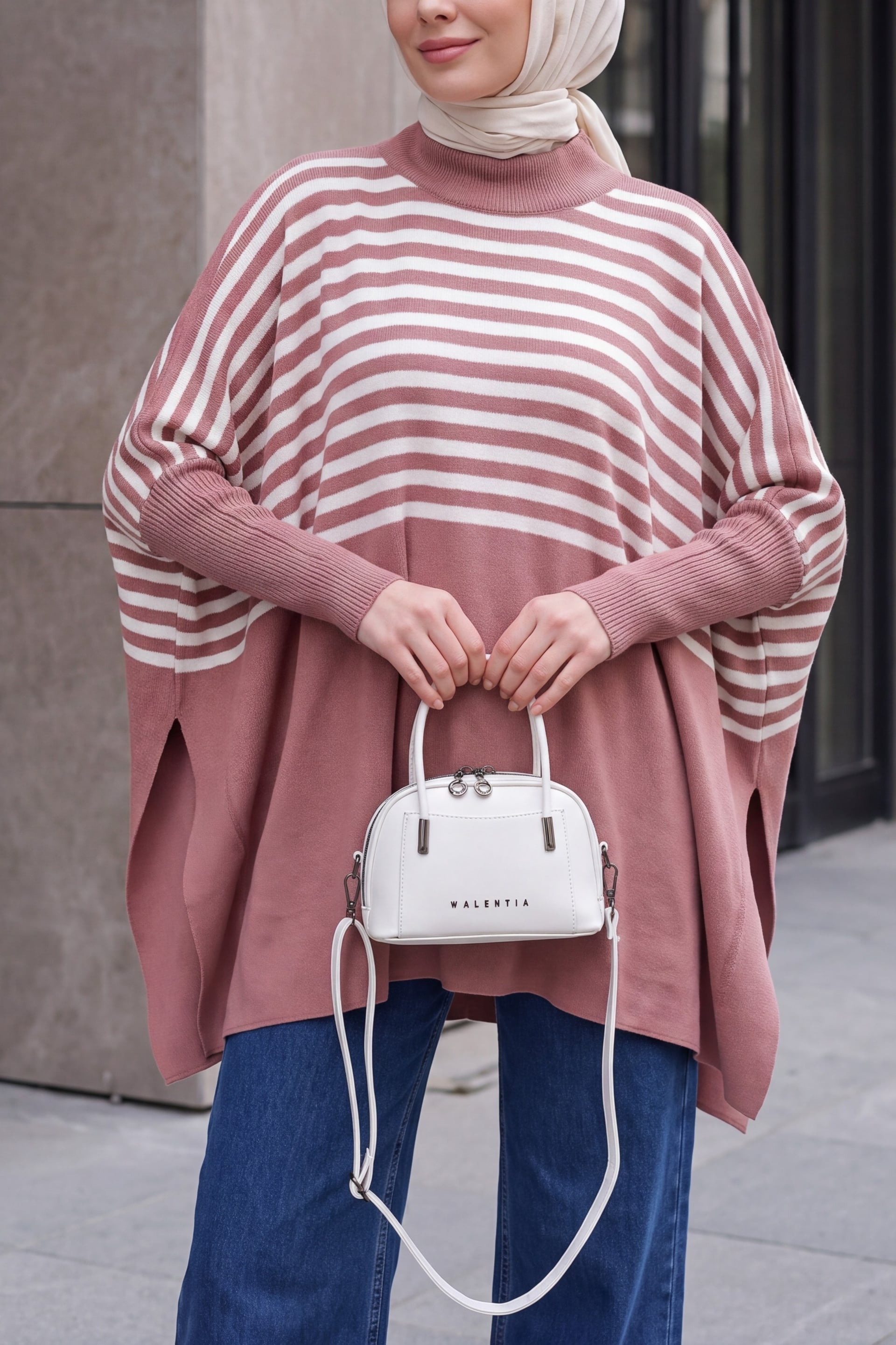 Oversize Pancho Knit Sweater with Side Slits - Dusty Rose - Bigdart - by Peralane