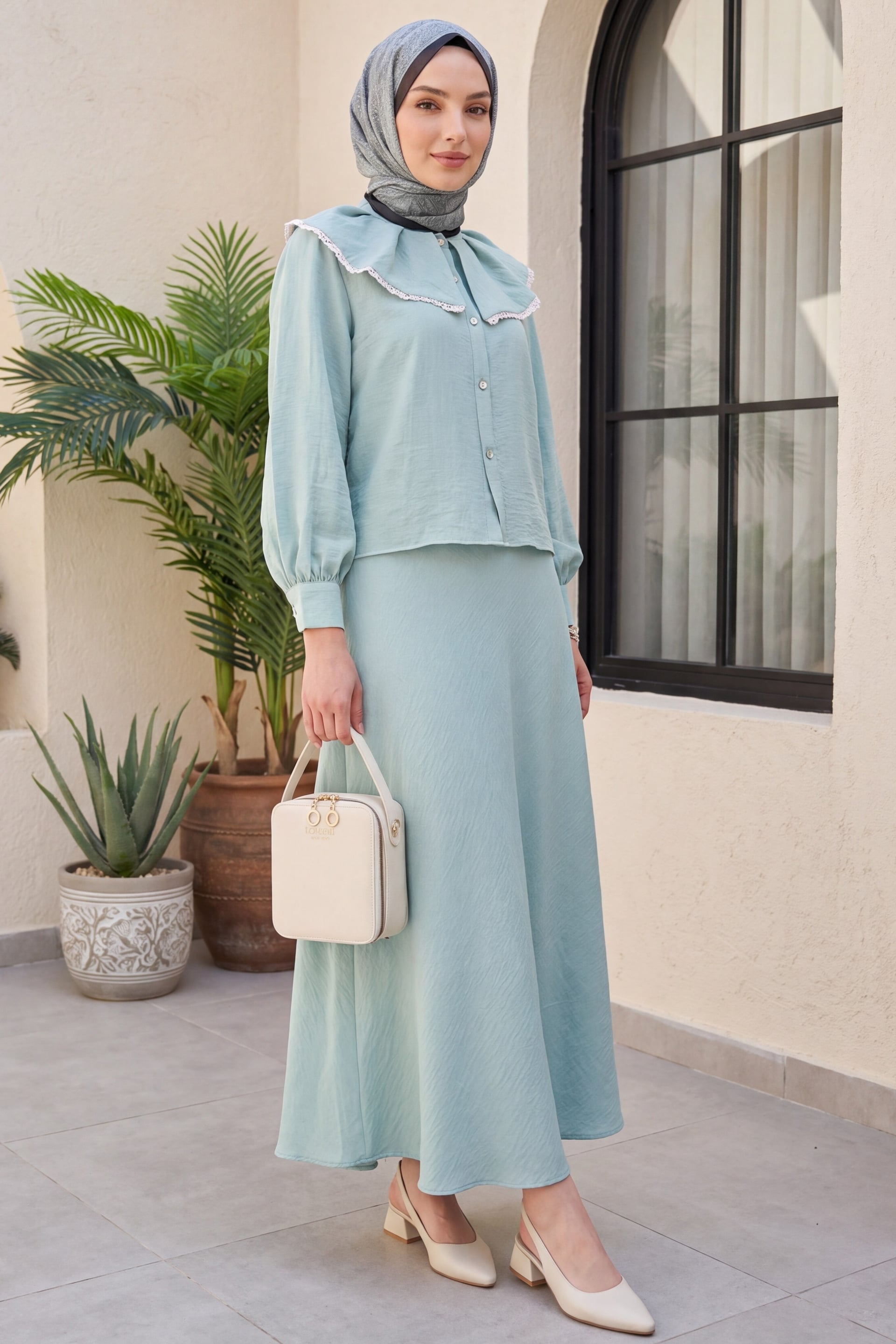 Lace Trimmed Lettuce Edge Pure Linen Look Skirt Suit - Mint Green - Podyumplus - by Peralane - photo 2