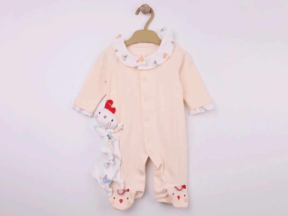 Ruffled Chicken Print Baby Romper with Attached Toy and Feet - Pookie - by Peralane