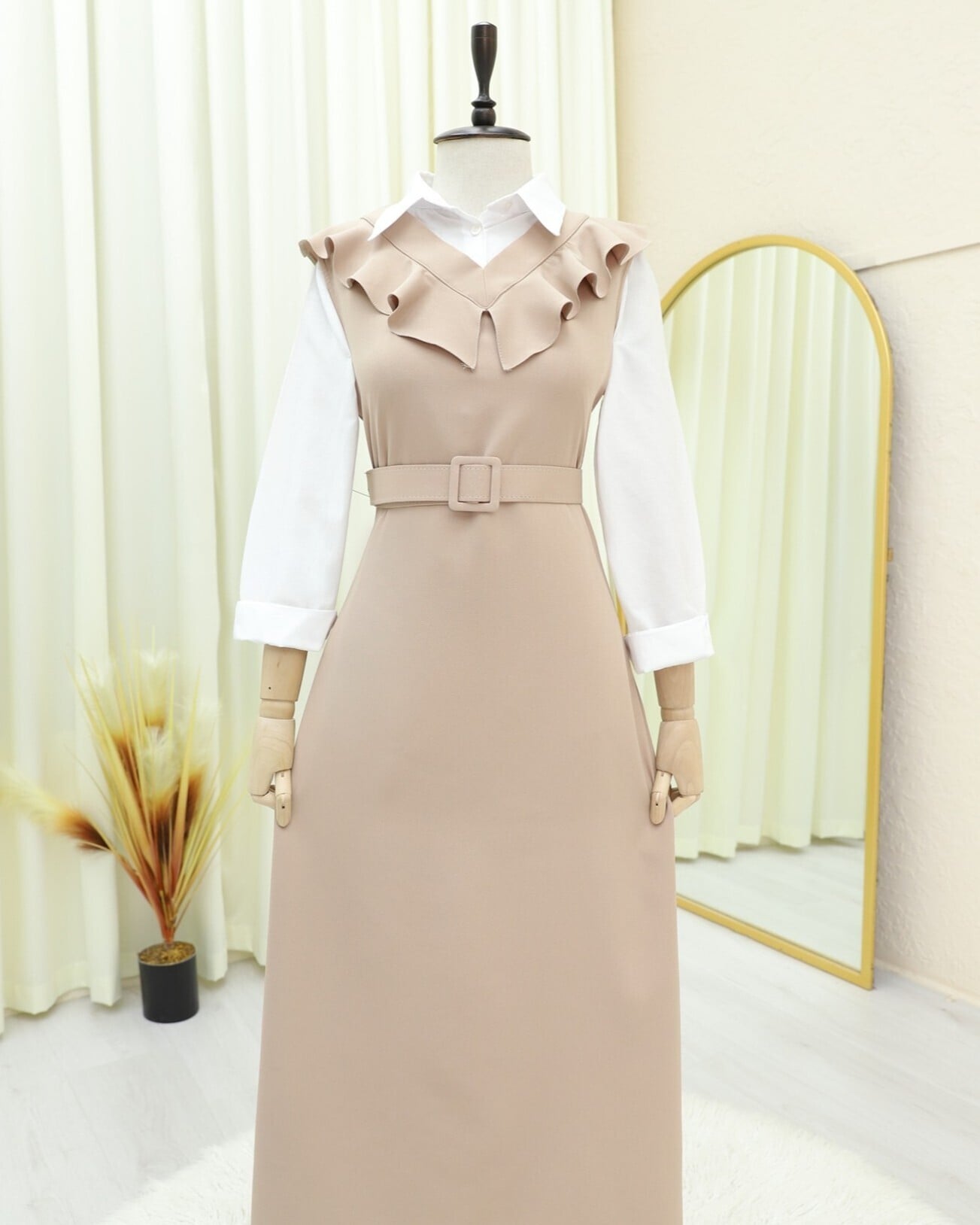 Beige V-Neck Frill Ruffle Belted Midi Jile Dress for Women - Podyumplus - by Peralane - photo 7