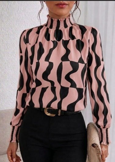 Women's Long-Sleeved Pink Abstract Print Smocked Neck Blouse - Janes - by Peralane