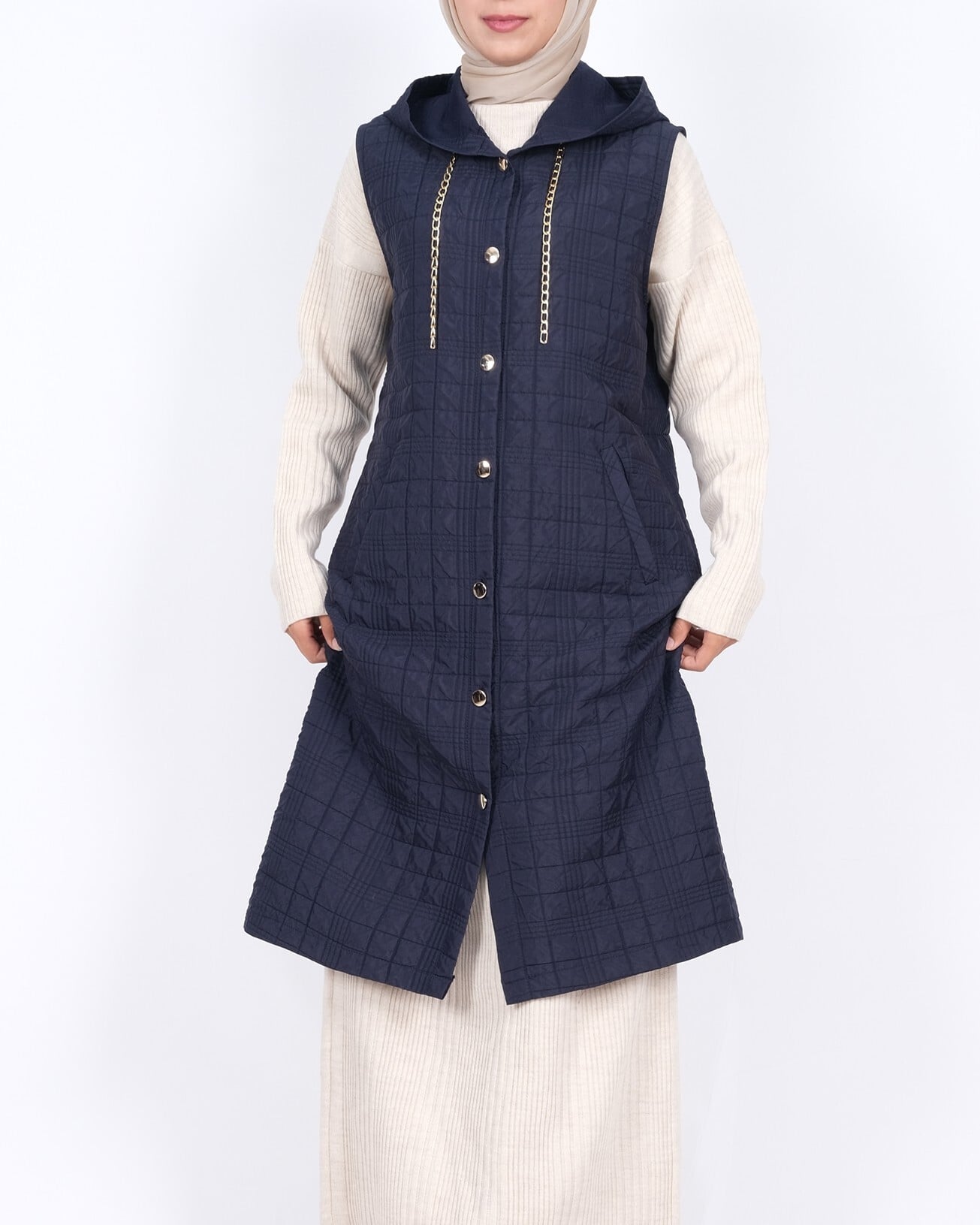 Navy Blue Hooded Quilted Vest with Chain Detail and Pockets - Podyumplus - by Peralane - photo 5