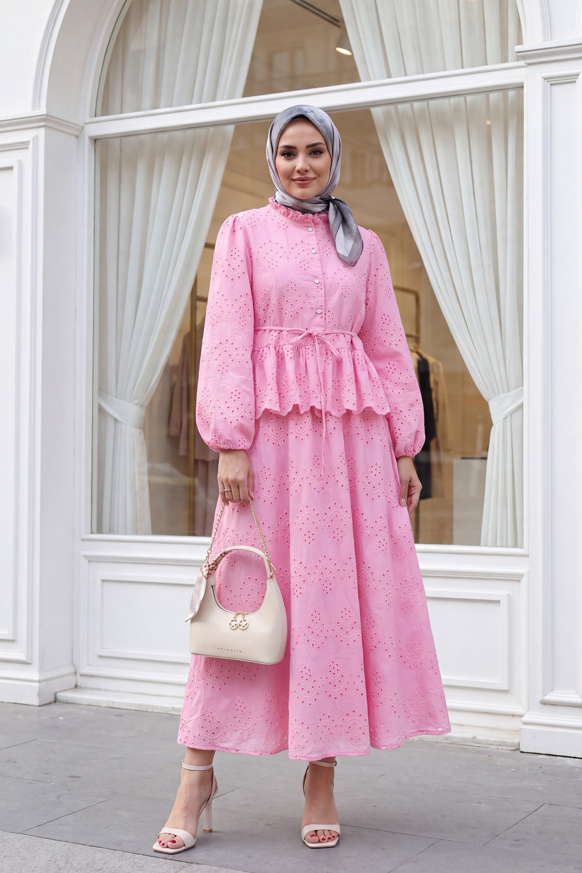 Pink Eyelet Cotton Linen Two-Piece Set with Tie Belt and Pearl Buttons - Podyumplus - by Peralane - photo 4
