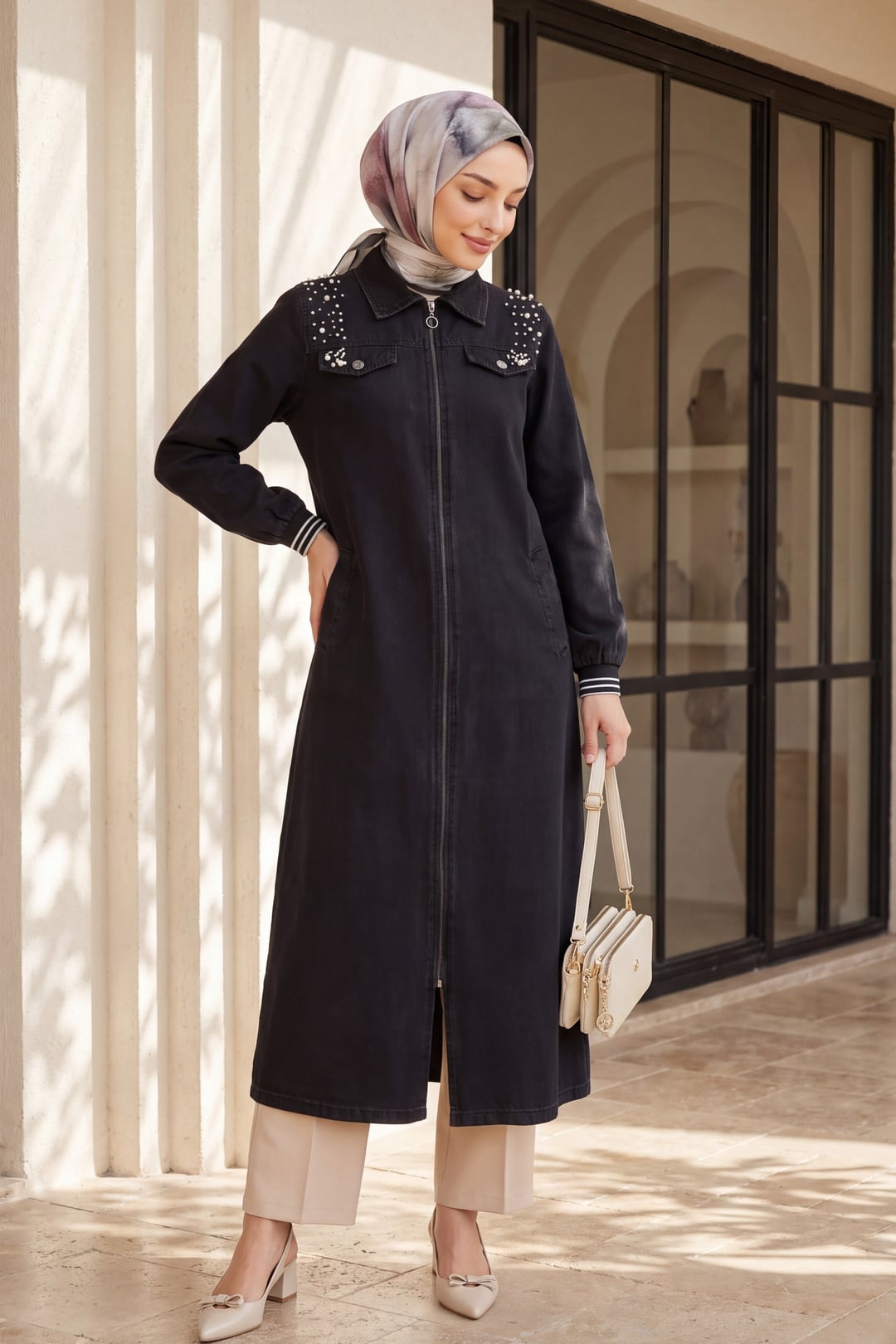 Long Denim Coat with Pearl Shoulder Detail, Zip Front, Black - Podyumplus - by Peralane - photo 2