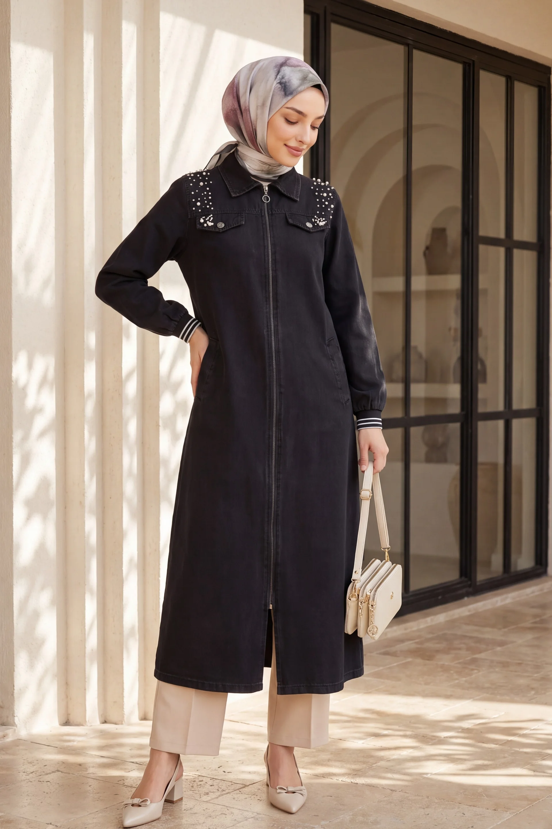 Long Denim Coat with Pearl Shoulder Detail, Zip Front, Black - Podyumplus - by Peralane - photo 2