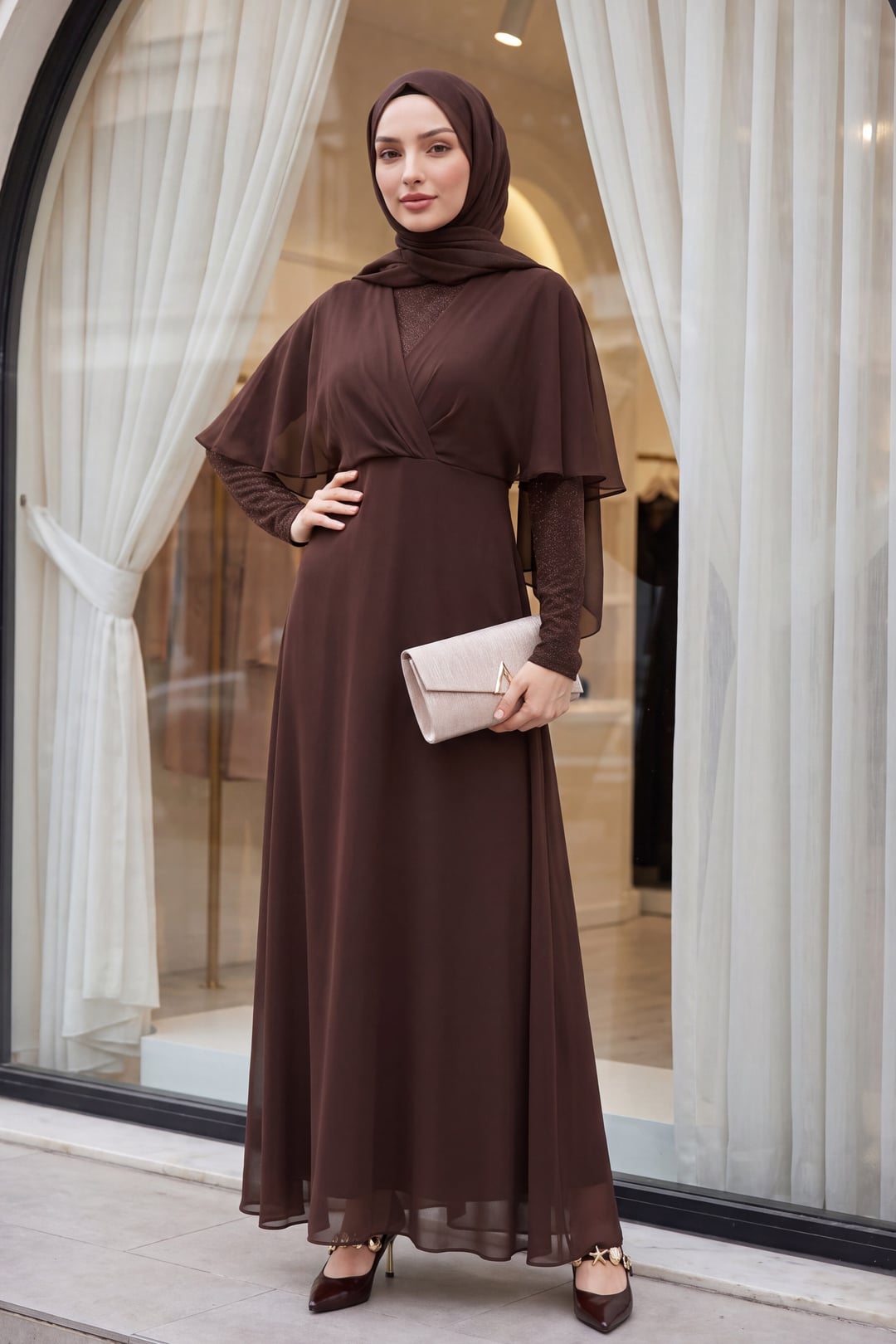 Sequin and Tulle Detail Long Evening Dress - Brown - Podyumplus - by Peralane - photo 3