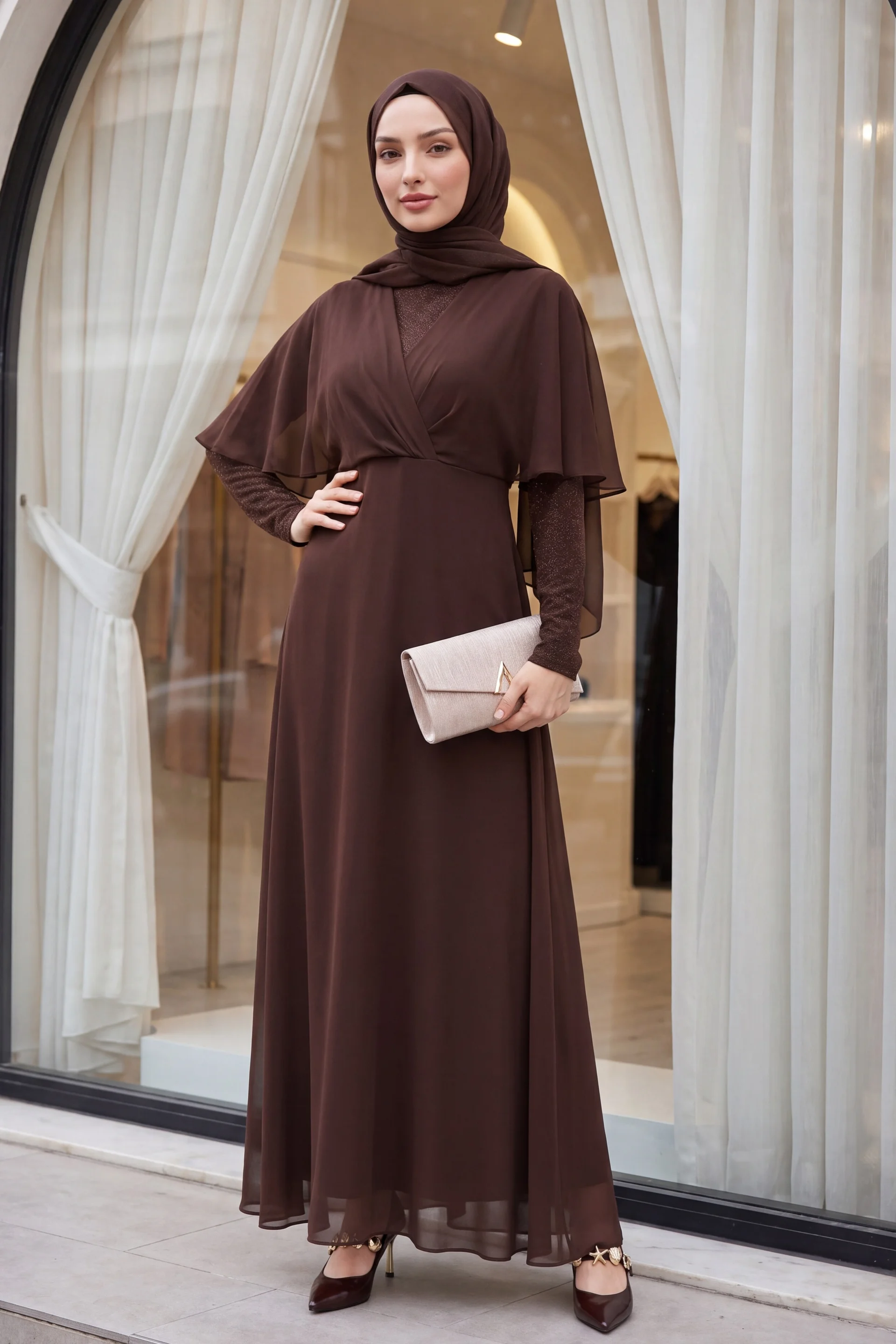 Sequin and Tulle Detail Long Evening Dress - Brown - Podyumplus - by Peralane - photo 3