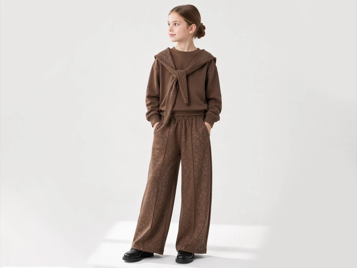 Girls' 3-Piece Sweatshirt and Wide-Leg Trousers Set with Glitter Detail, Dark Brown - Incilay - by Peralane