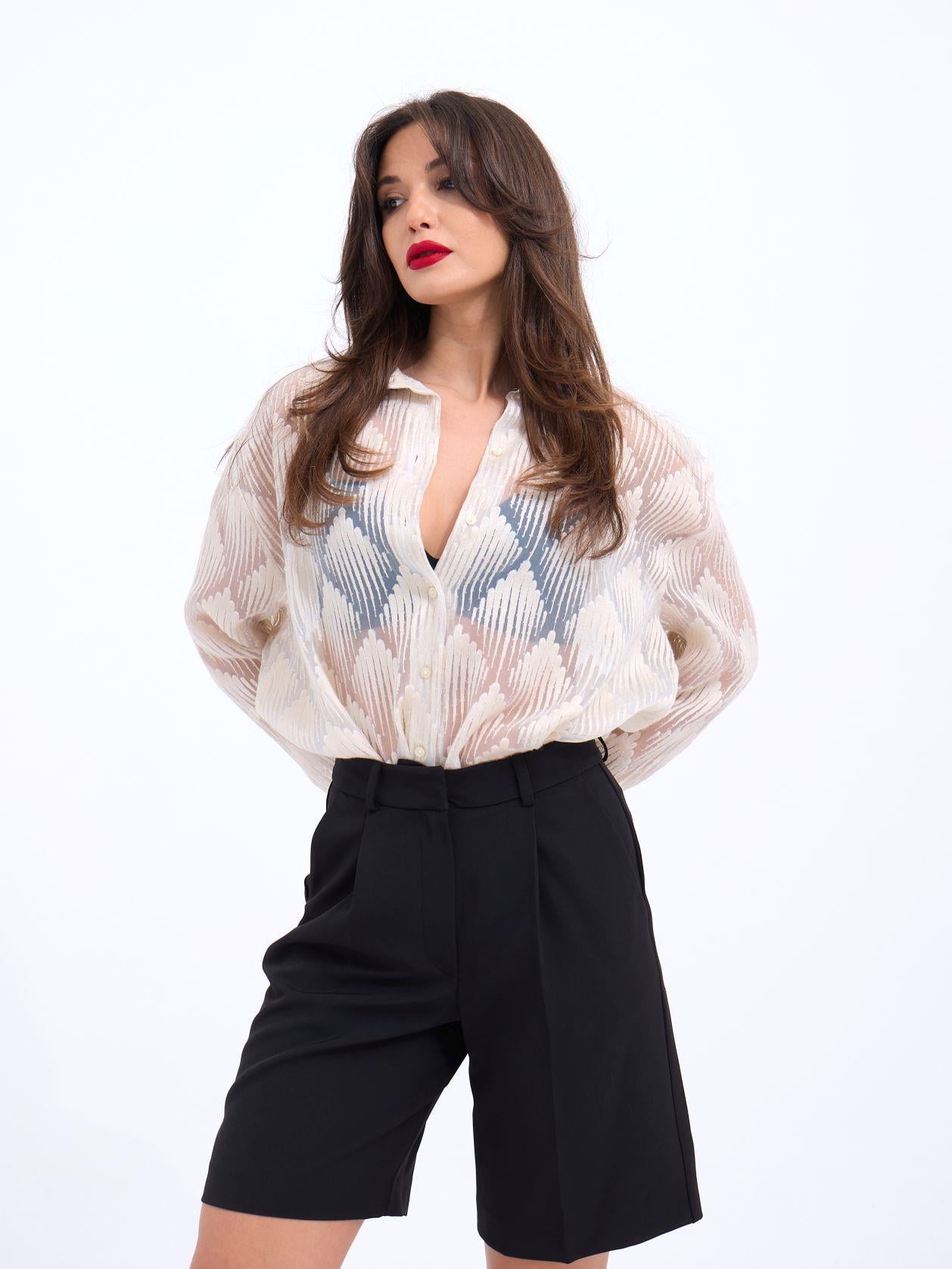 Women's Sheer Blouse and High-Waisted Pleated Shorts Set - Fame - by Peralane - photo 3