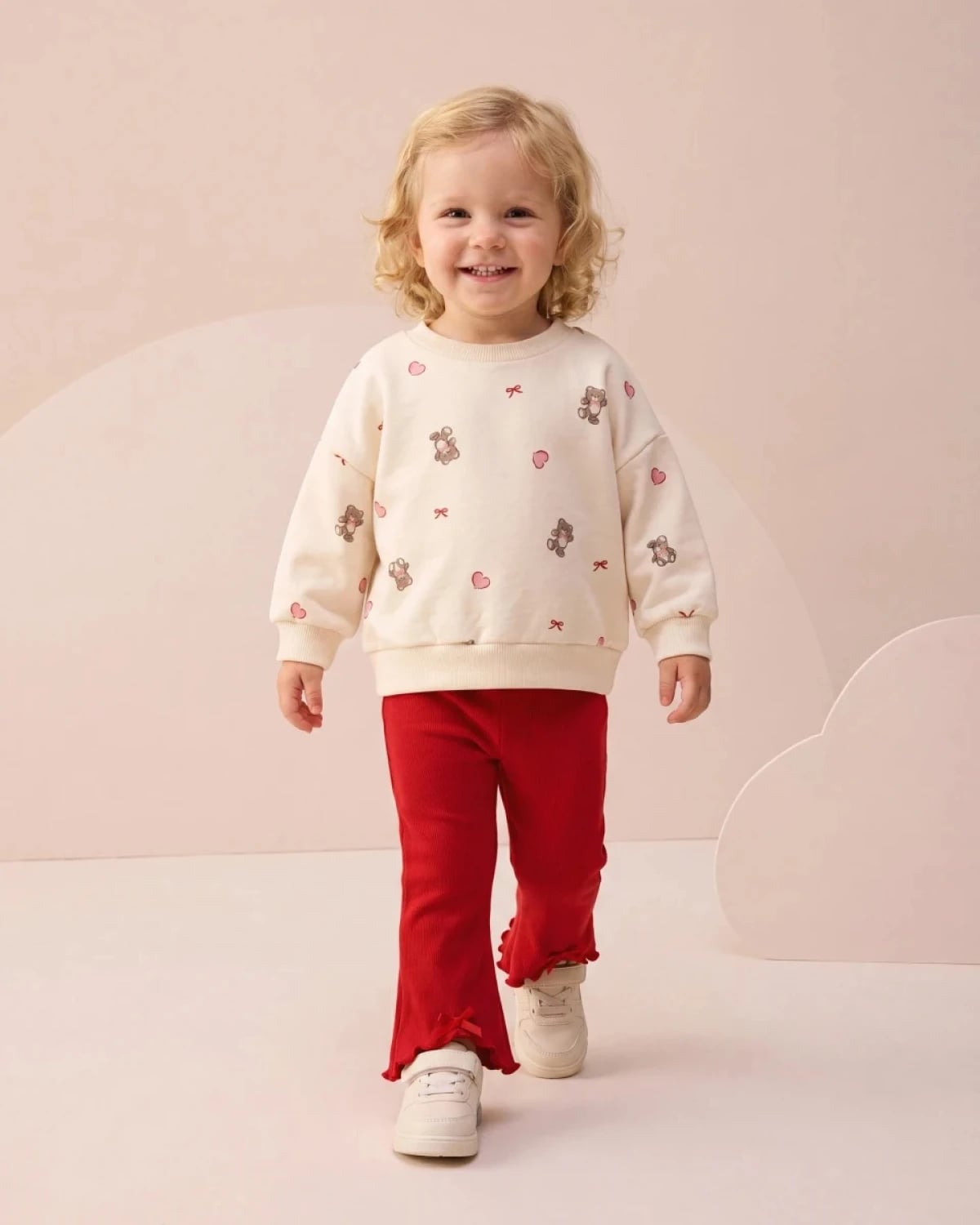 Girls' Two-Piece Set - Teddy Bear Print Sweatshirt and Ruffle Hem Trousers - Interkidsy - by Peralane