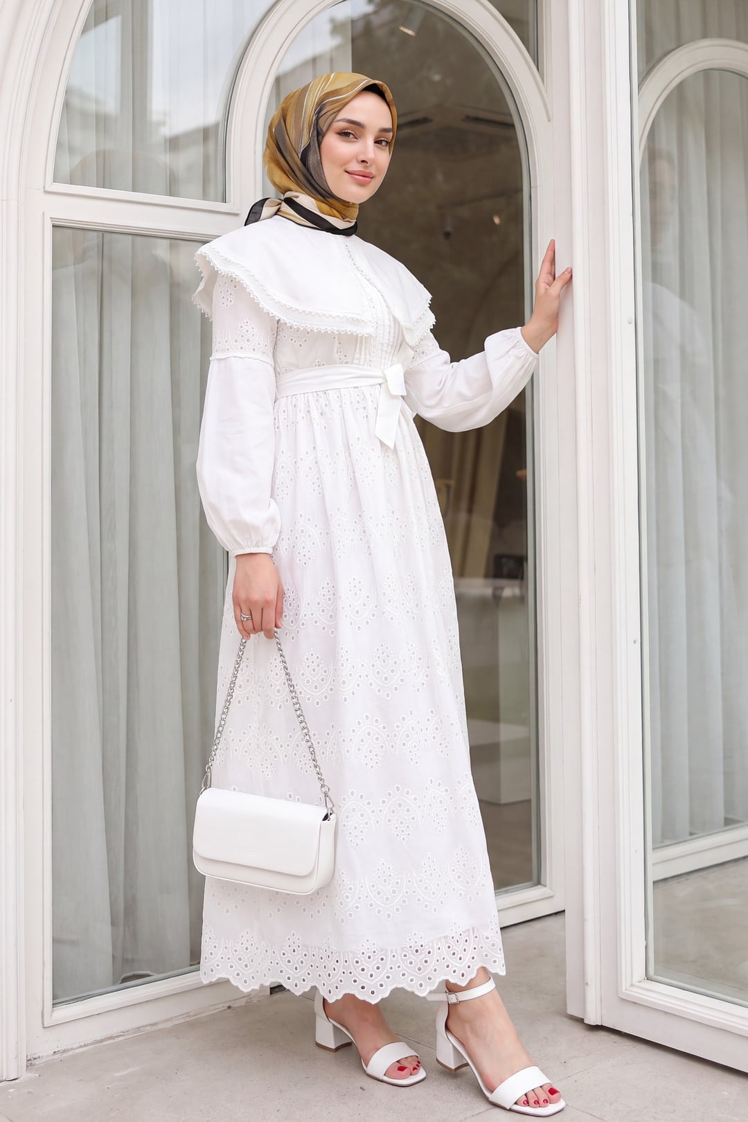 White Cape Collar Lace Detail Midi Dress - Podyumplus - by Peralane - photo 5