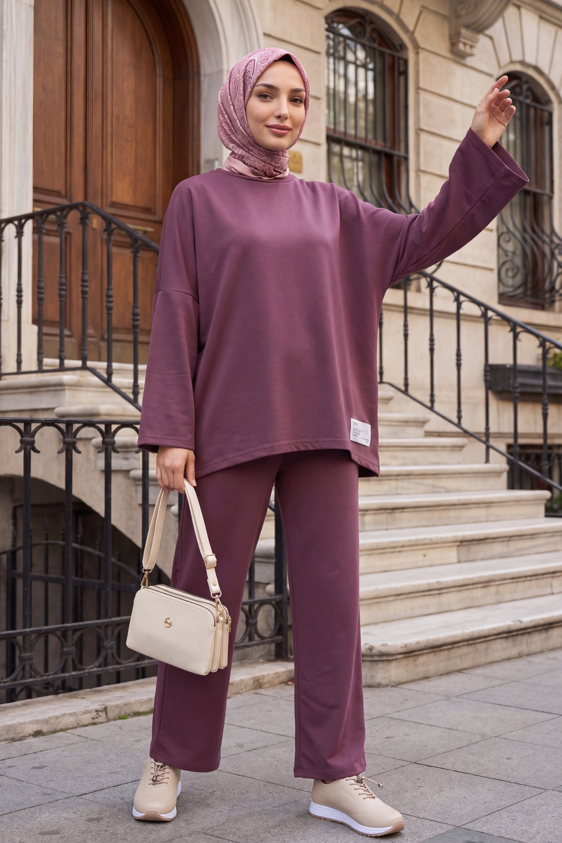Round Neck Long Back Pocket Oversize Lycra Jersey Co-ord Set - Plum - Podyumplus - by Peralane - photo 3