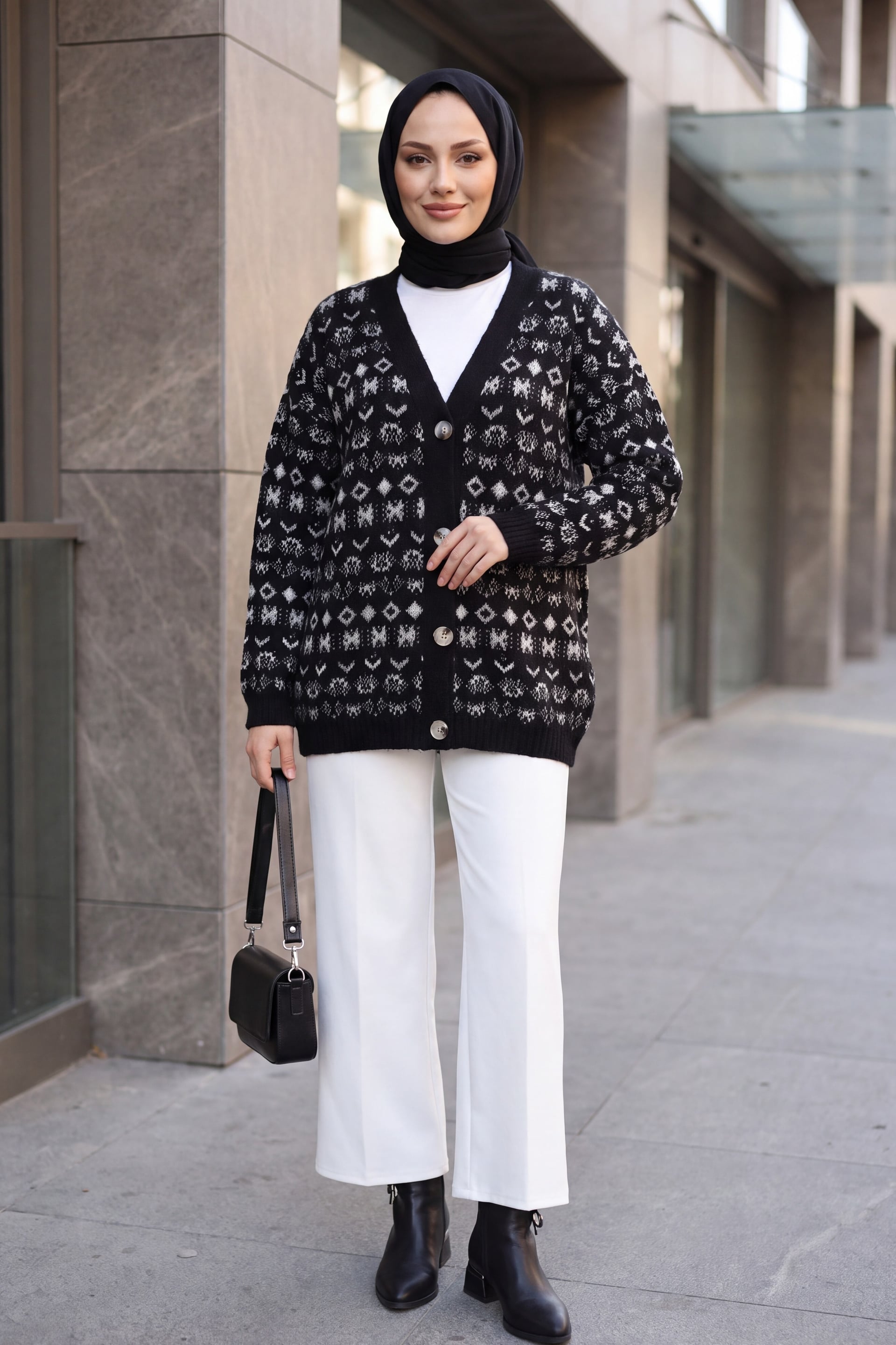 V-Neck Buttoned Mixed Pattern Knit Cardigan - Black - Podyumplus - by Peralane - photo 4