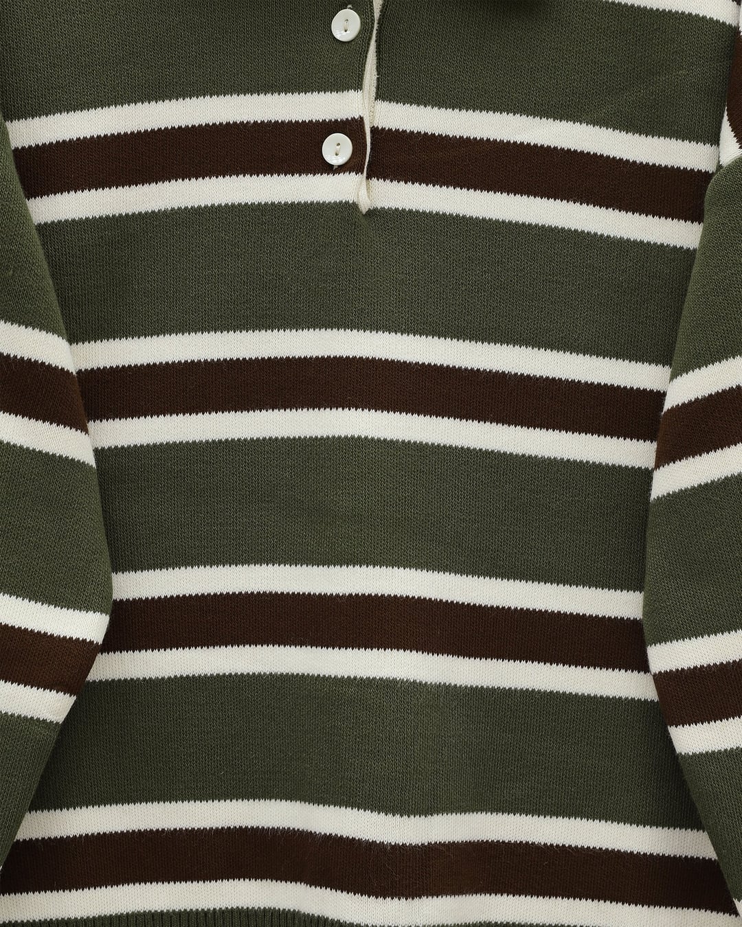 Women's Striped Knit Sweater with Polo Collar - Khaki - Podyumplus - by Peralane - photo 2