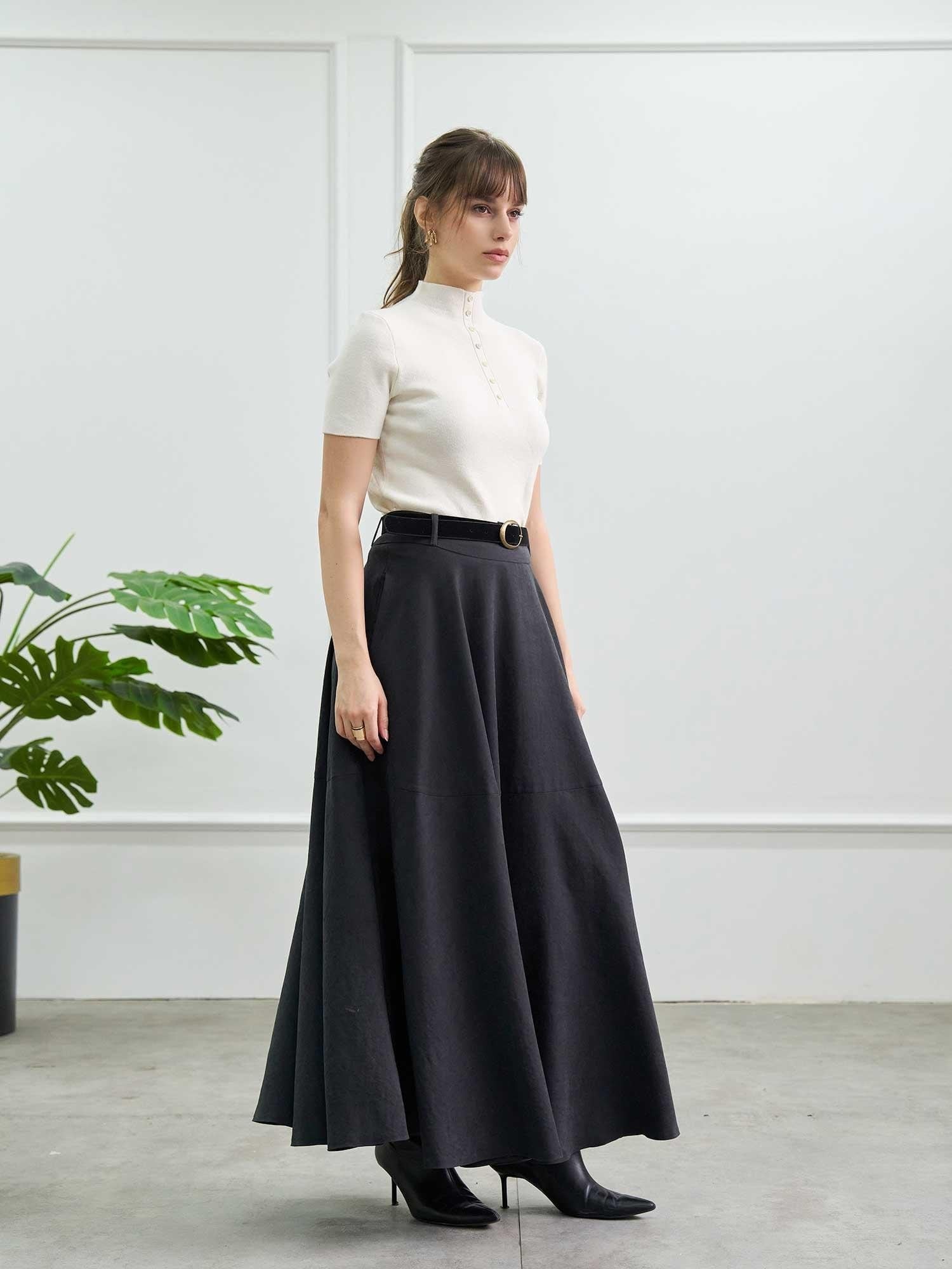 Gathered Waist Maxi Skirt with Belt - Black - Lefon - by Peralane - photo 7