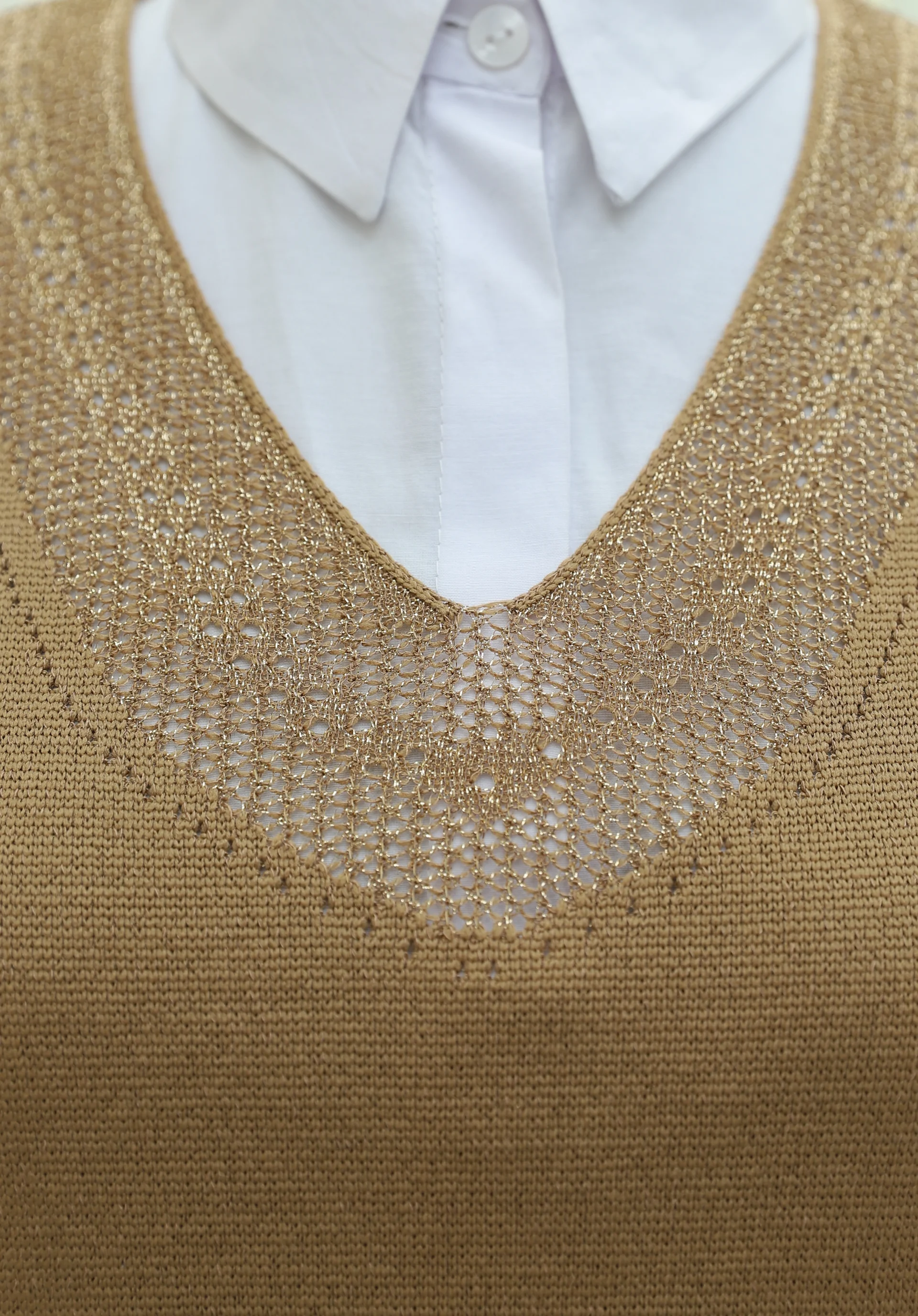 Sequin Trim V-Neck Short Sleeve Knit Tunic - Tan - Podyumplus - by Peralane - photo 7