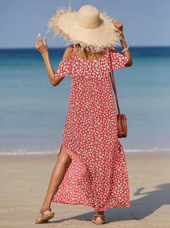 Women's Red Floral Print Maxi Dress with Cold-Shoulder Sleeves - Janes - by Peralane - photo 3